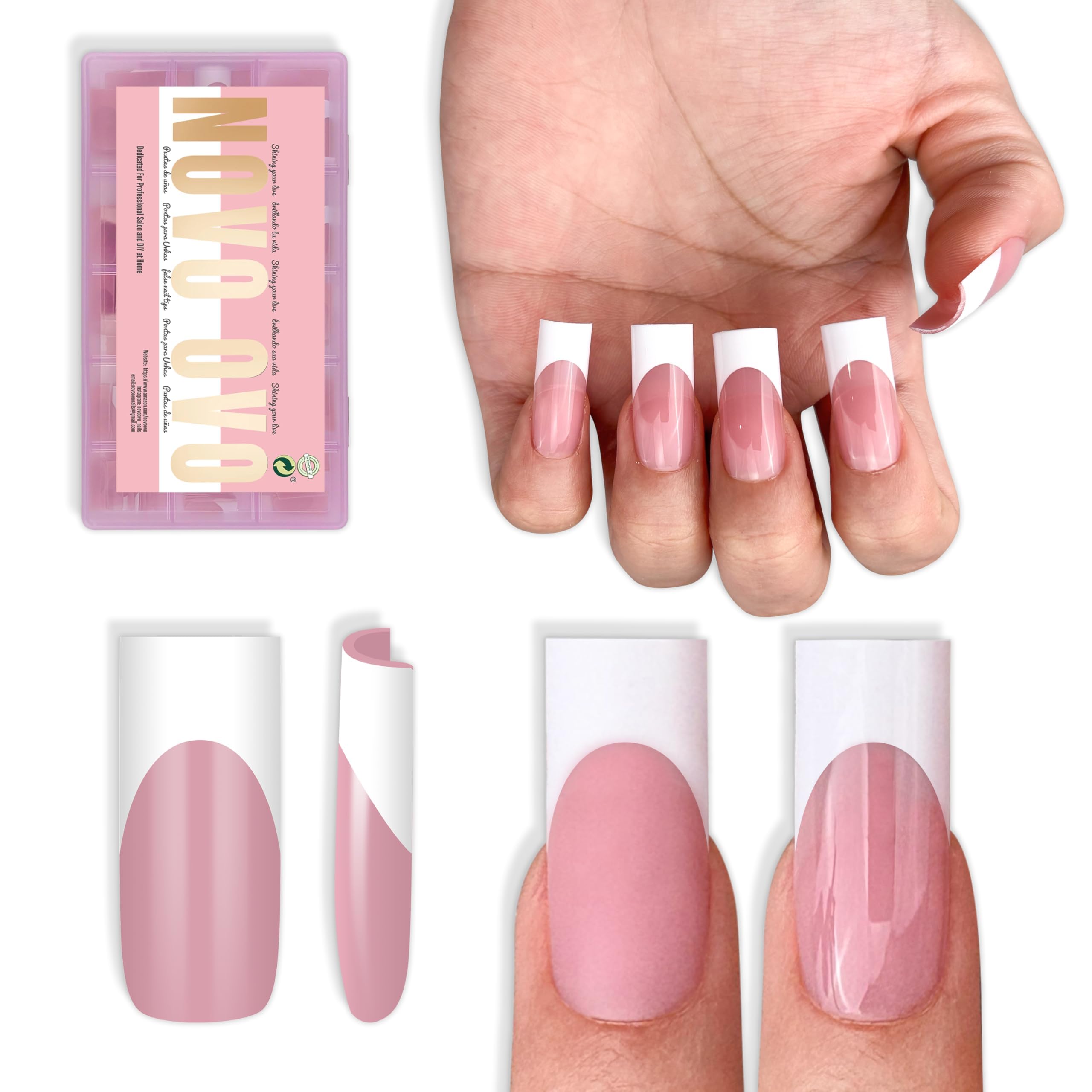 NOVO OVO berry pink French tip nails in a medium sharp square shape for at-home manicures.