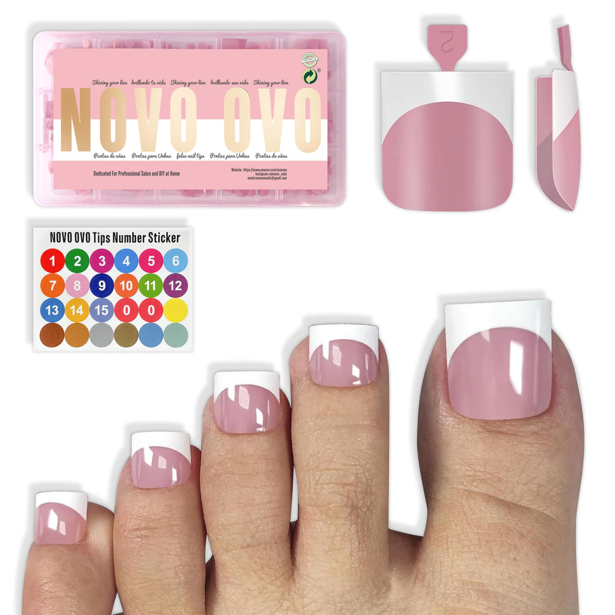 NOVO OVO press-on toenails with white French tip for salon-like wear