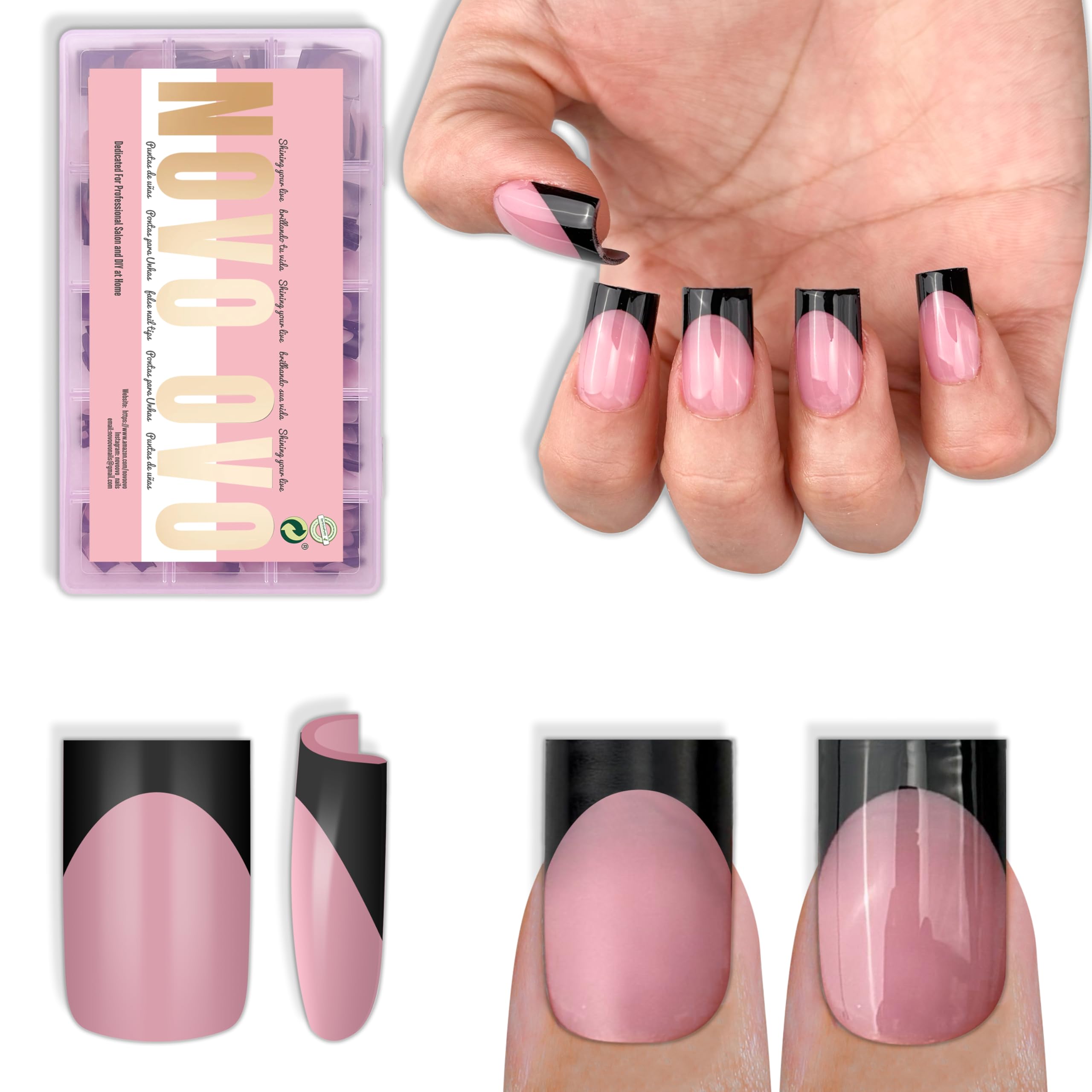 Novo OVO short sharp square nail tips in berry pink for a quick salon-like manicure.