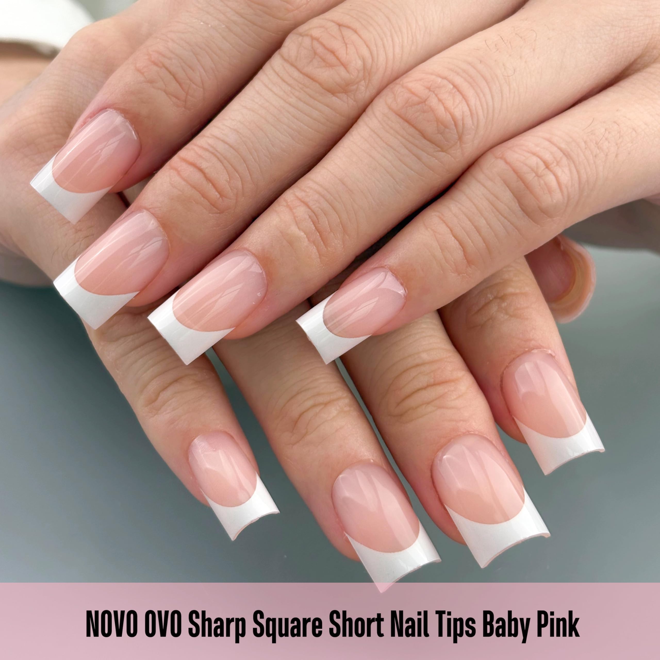 NOVO OVO short sharp square nails with baby pink tips for quick DIY manicures