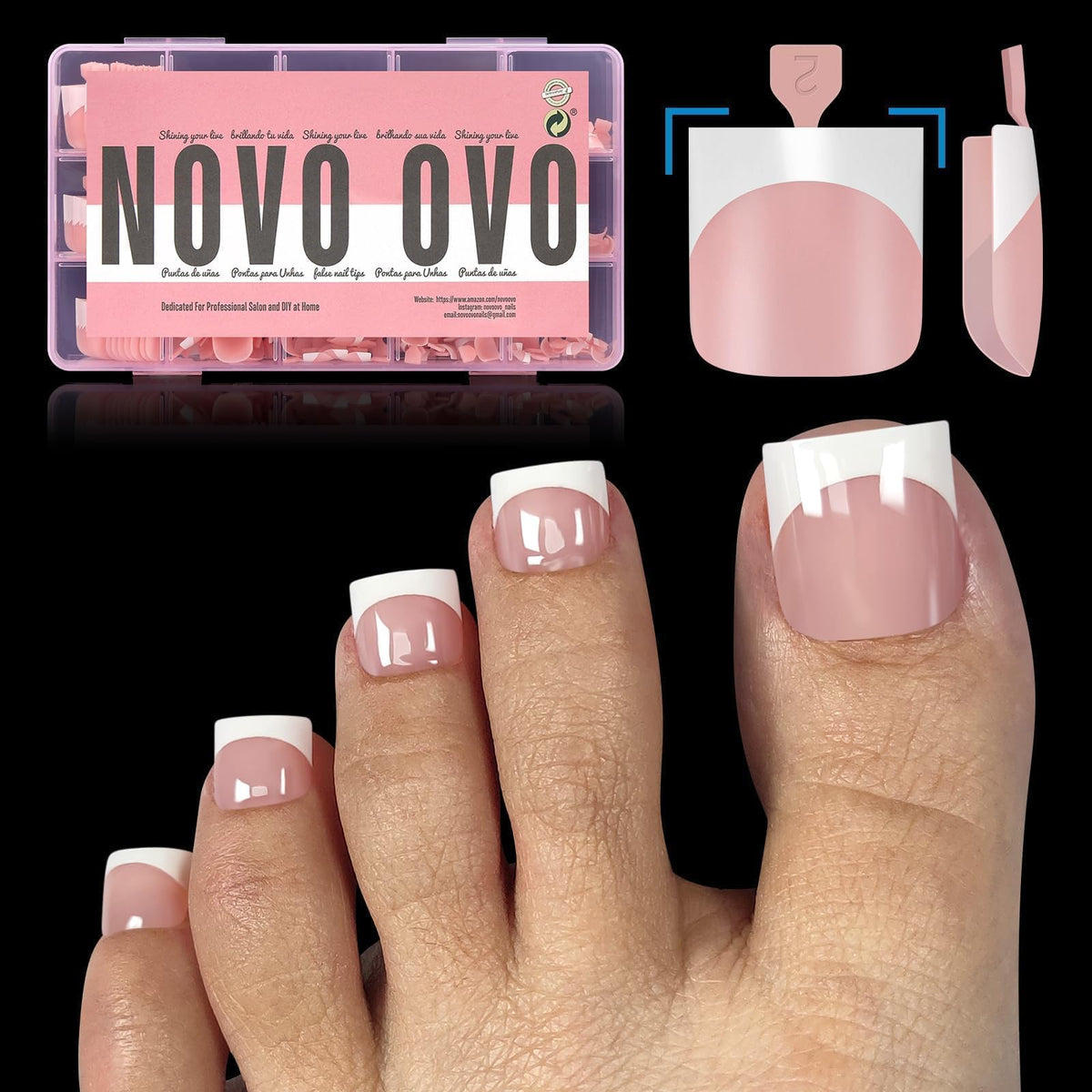 NOVO OVO uñas francesas para dedo del pie, premoldeadas y listas para pegar.
