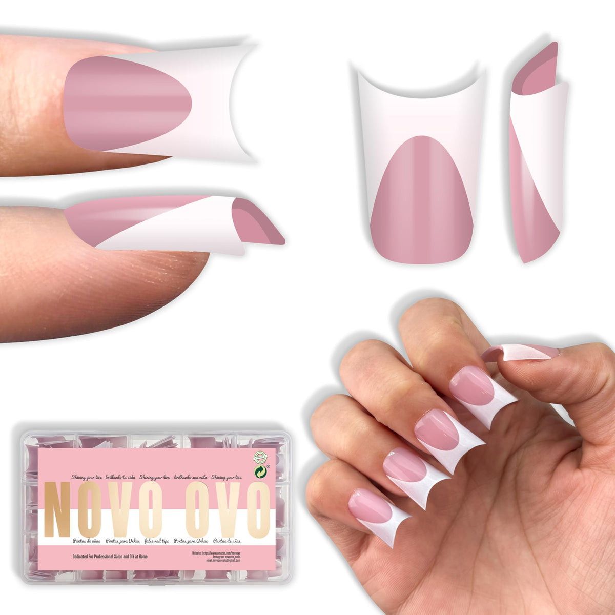 NOVO OVO uñas pato corto con curva luna y frances rosado