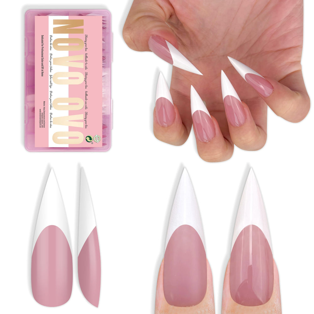 NOVO OVO white French tip stiletto nails ready for at-home manicure.