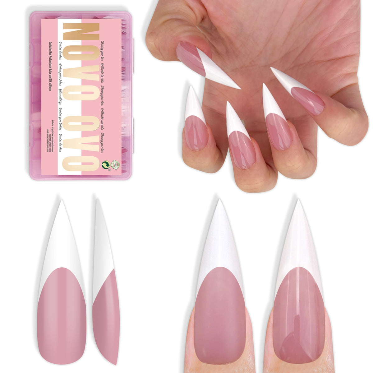 NOVO OVO white French tip stiletto nails ready for at-home manicure.