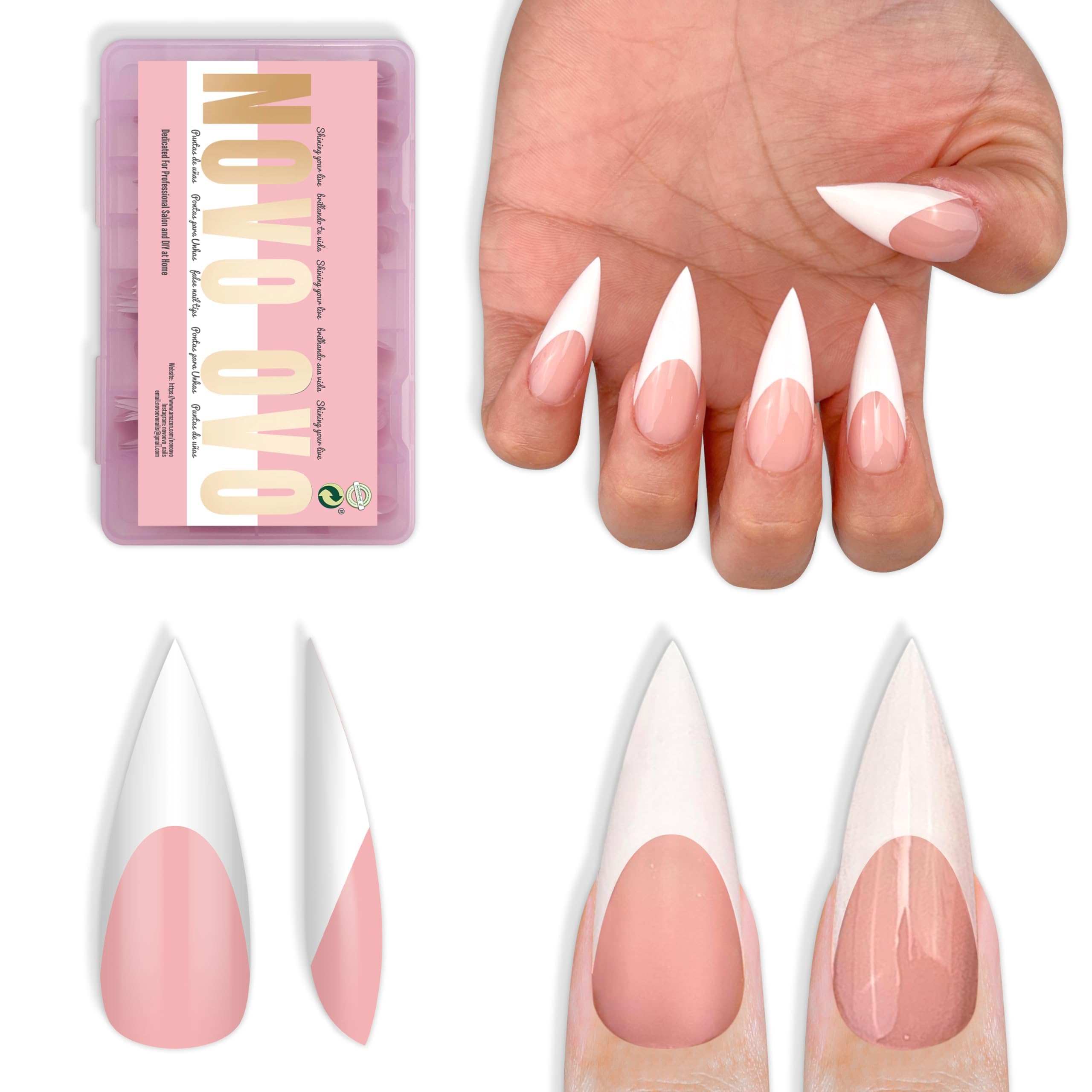 NOVO OVO white French tip sharp stiletto nails for at home manicure