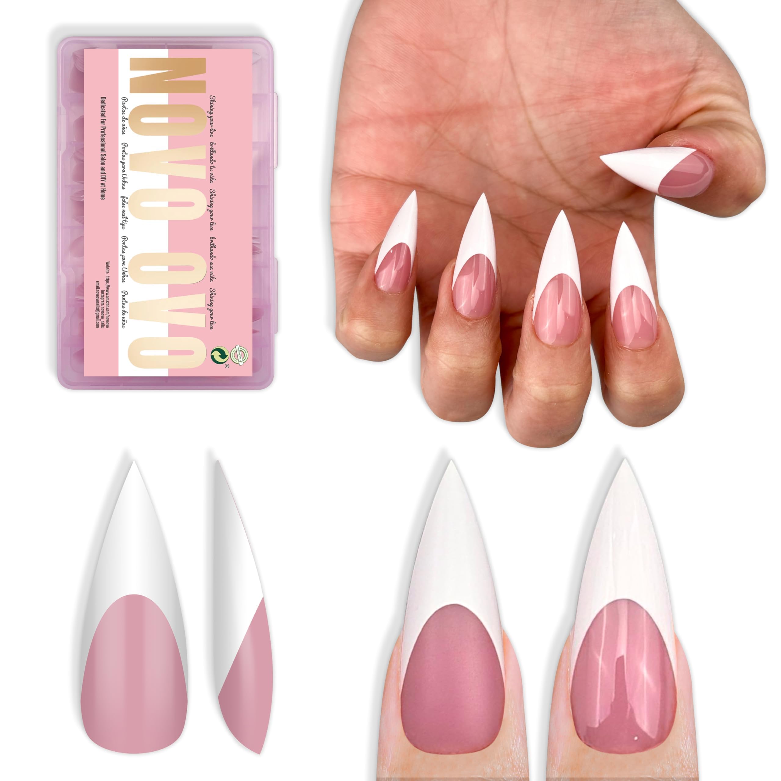 NOVO OVO white French tip sharp stiletto nails for fast salon-quality manicures.