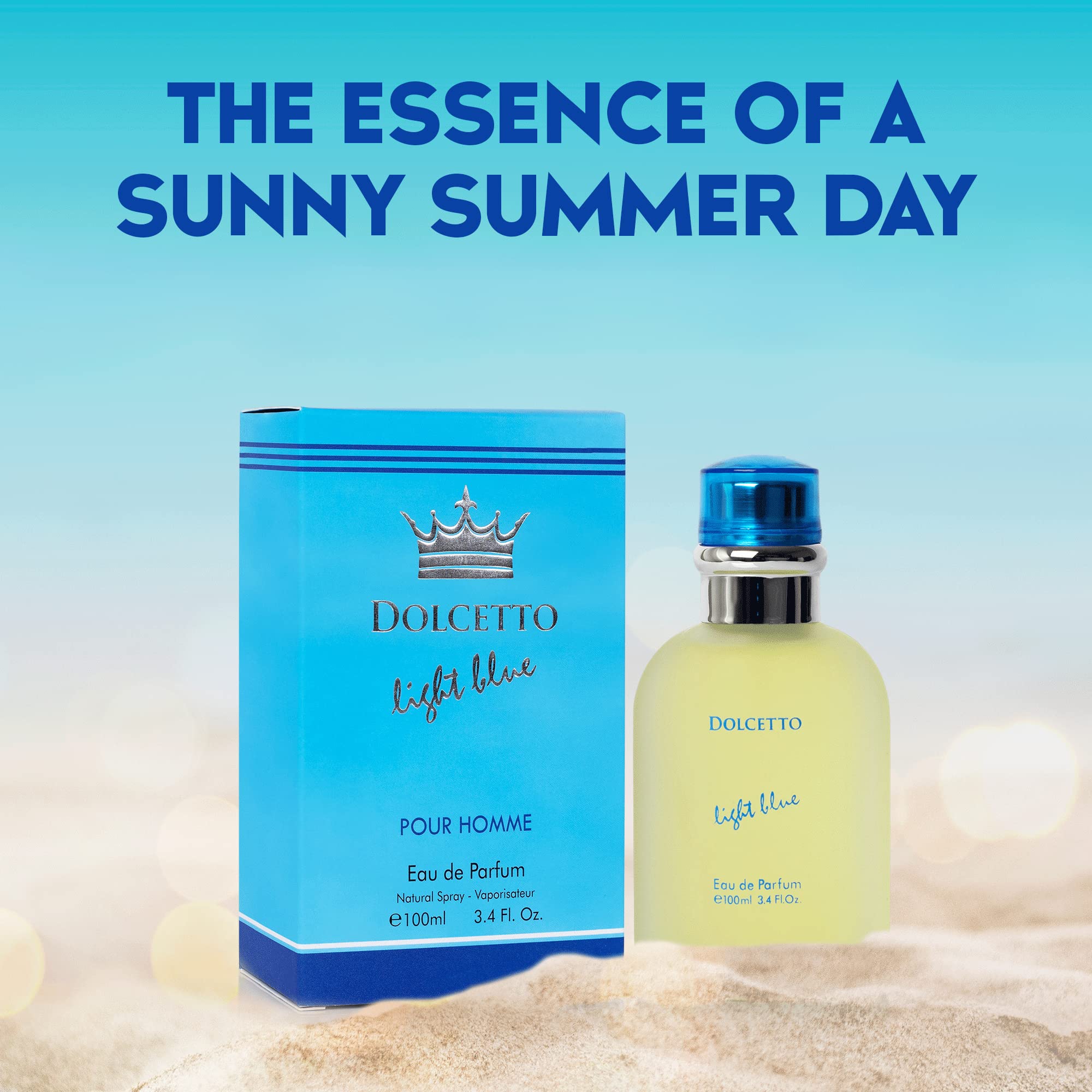 NovoGlow Dolcetto Light Blue bottle back view highlighting lasting fragrance promise for daily wear