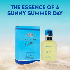 NovoGlow Dolcetto Light Blue bottle back view highlighting lasting fragrance promise for daily wear