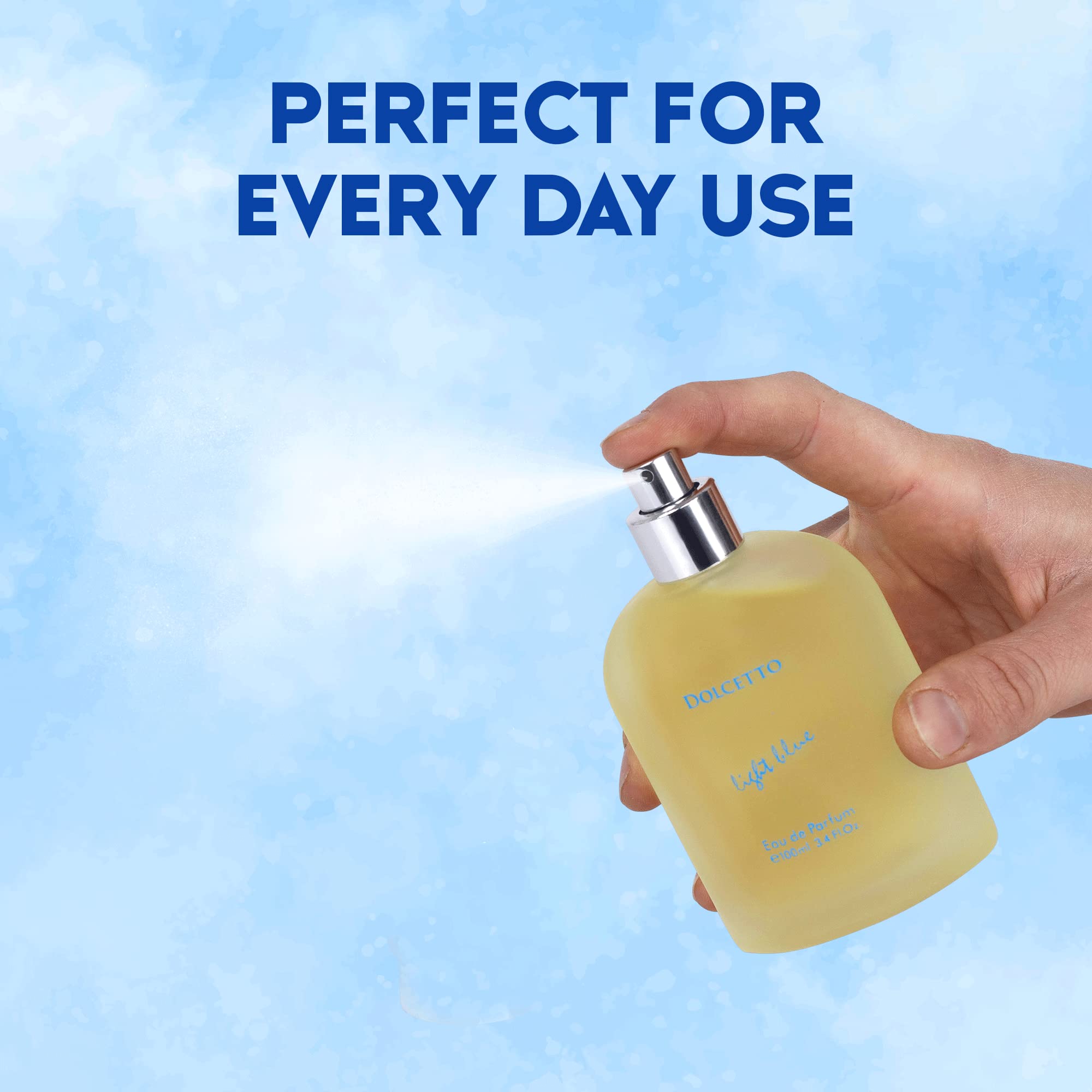 NovoGlow Dolcetto Light Blue bottle on dresser demonstrating stylish daily use