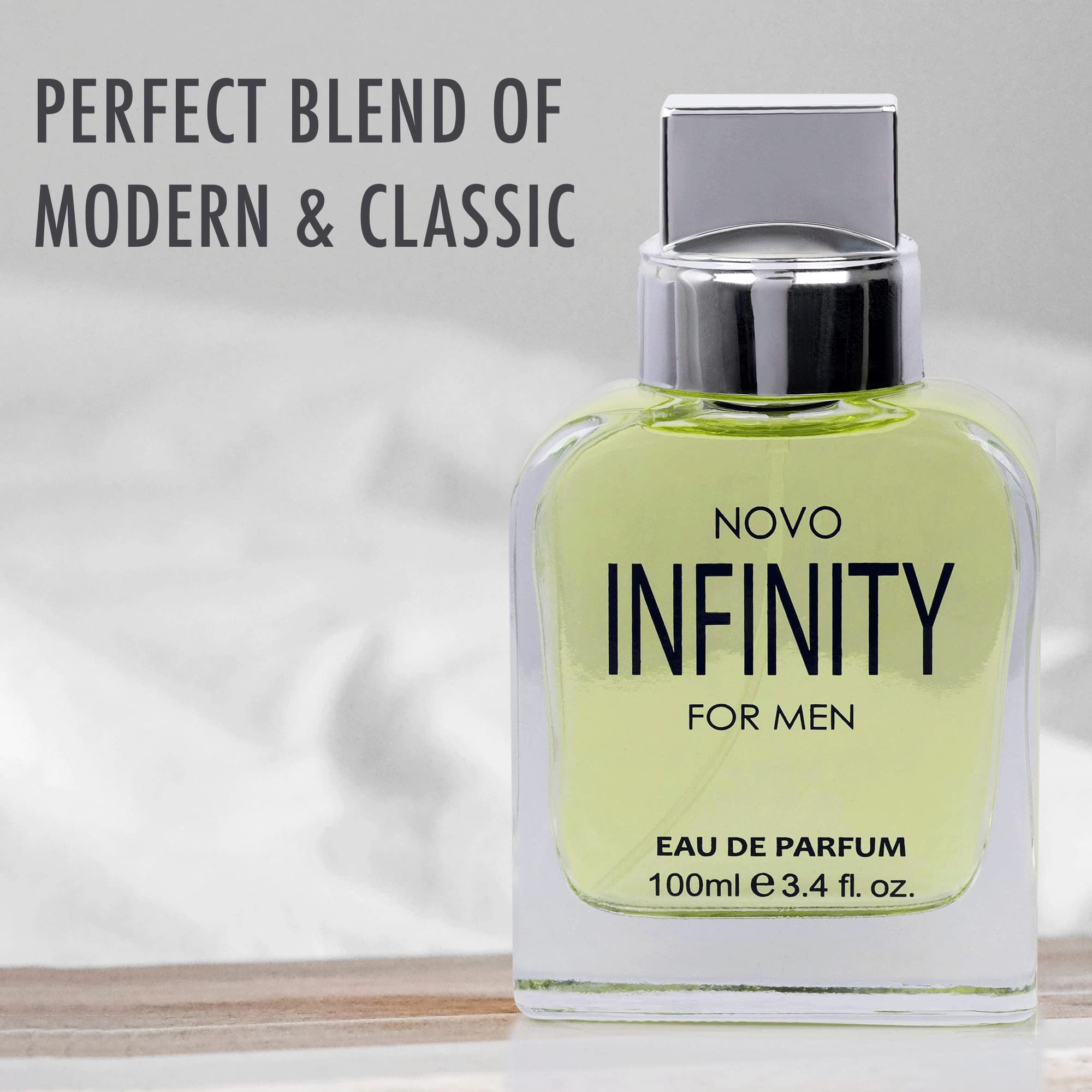 NovoGlow Infinity for Men bottle back view with elegant label and balanced notes