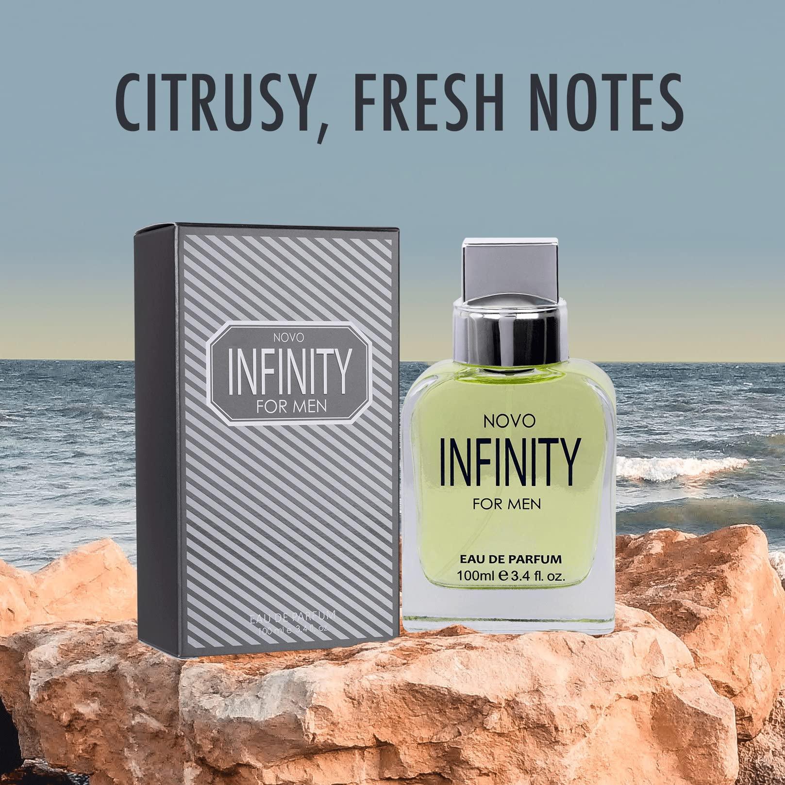 NovoGlow Infinity for Men closed cap spray demonstrates portable lasting scent