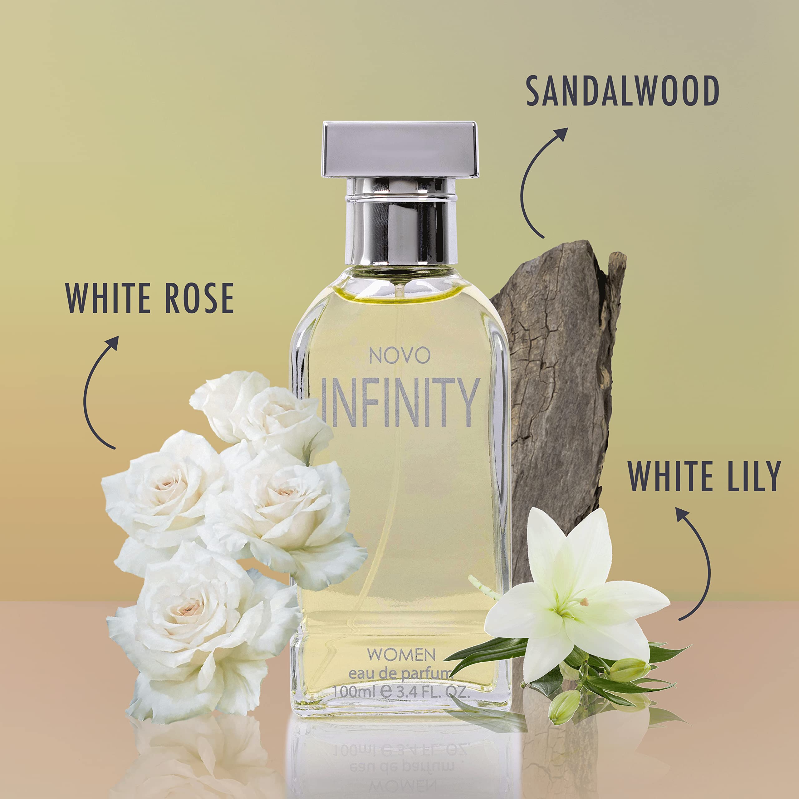 NovoGlow Infinity bottle side angle showing sleek silhouette for elegant evenings