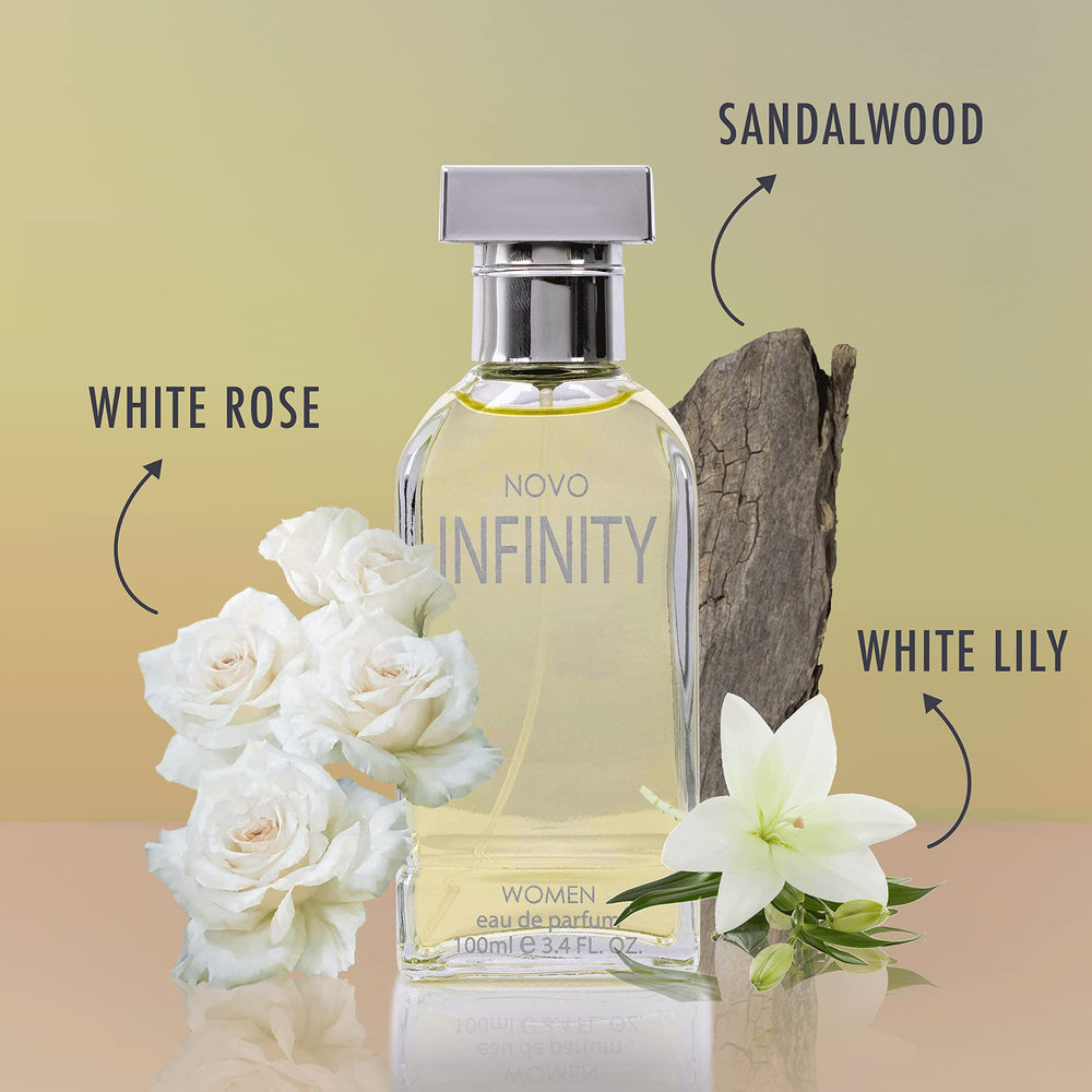 NovoGlow Infinity bottle side angle showing sleek silhouette for elegant evenings