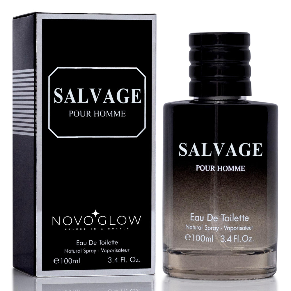 NovoGlow Salvage bottle front displays a bold masculine scent for daily wear.