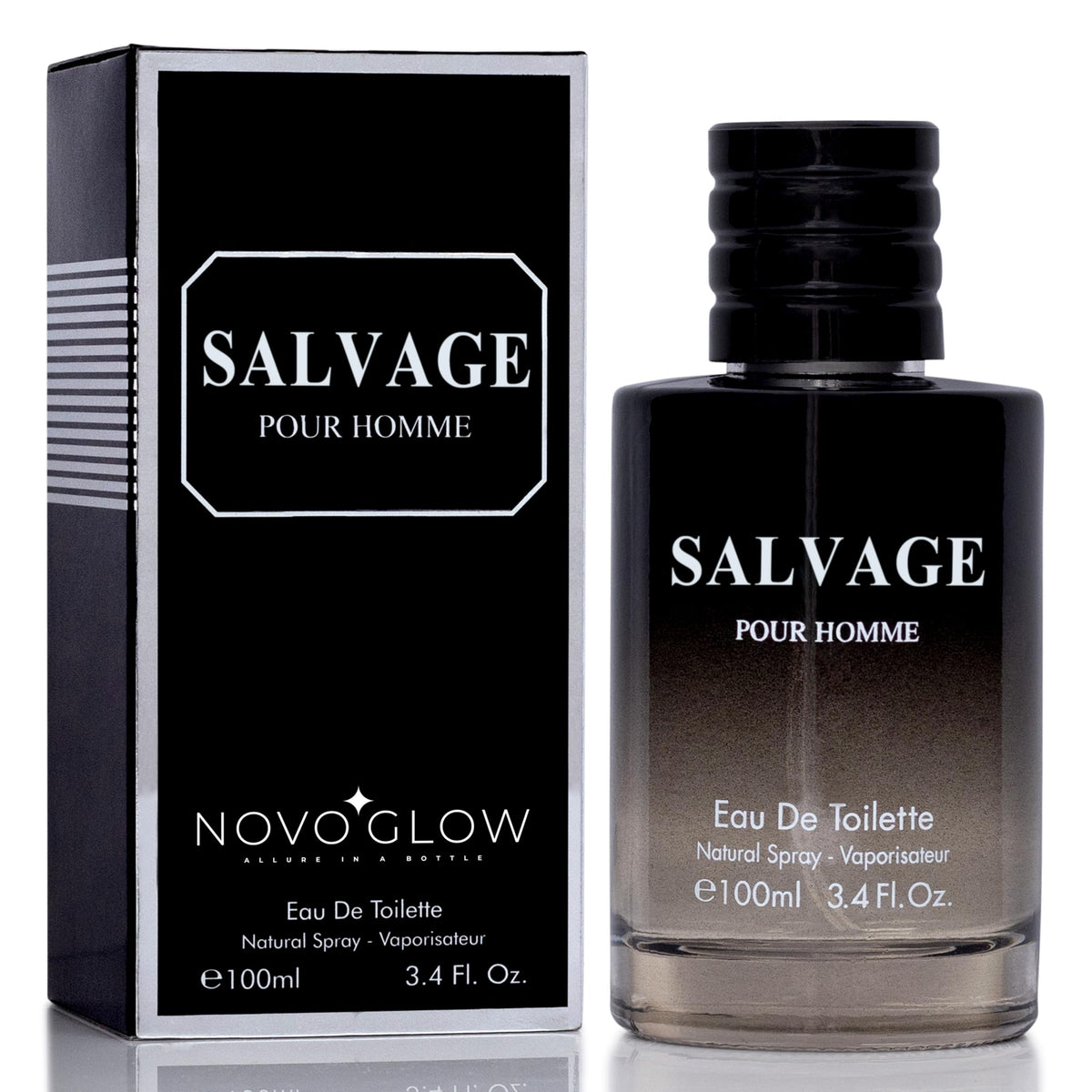 NovoGlow Salvage bottle front displays a bold masculine scent for daily wear.