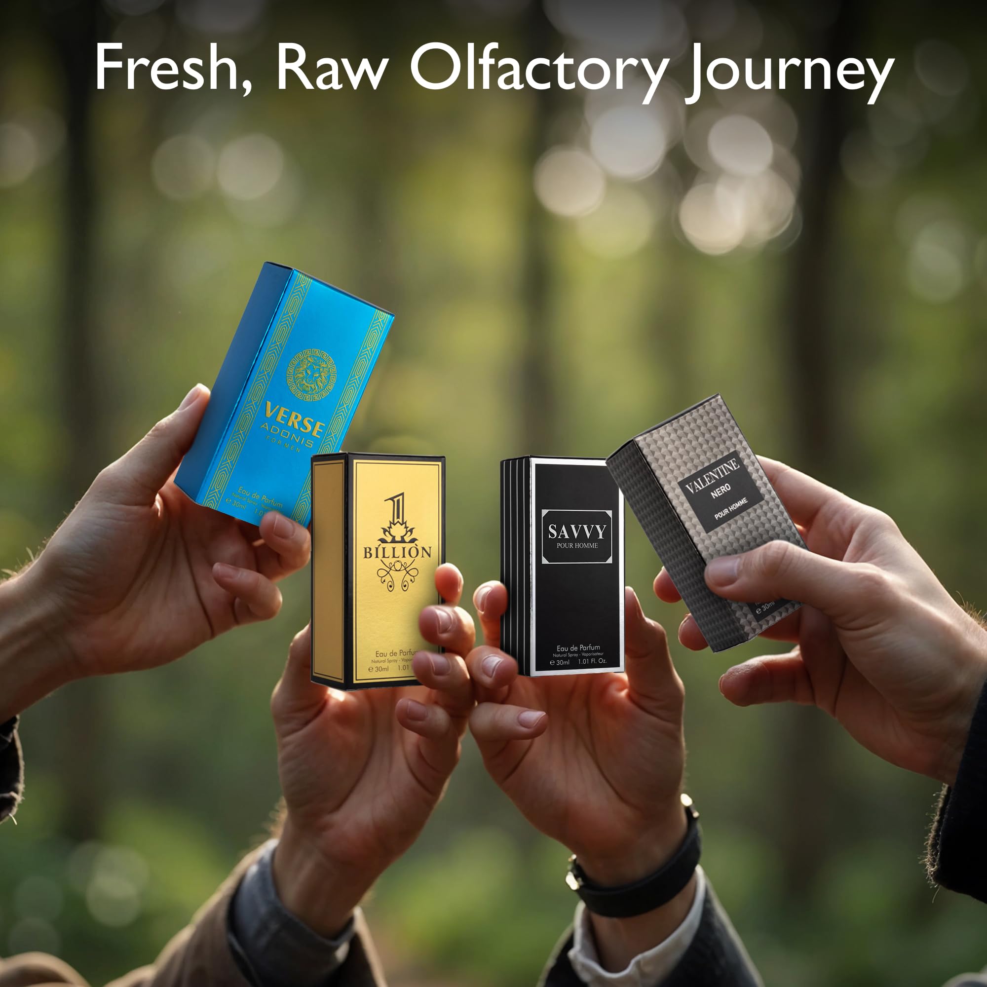 NovoGlow Signature Scent notes collage highlighting woody, spicy and citrus blends