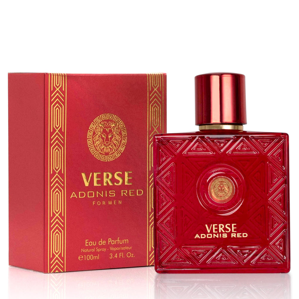 NovoGlow Verse Adonis Red bottle front highlights premium design for everyday confidence.