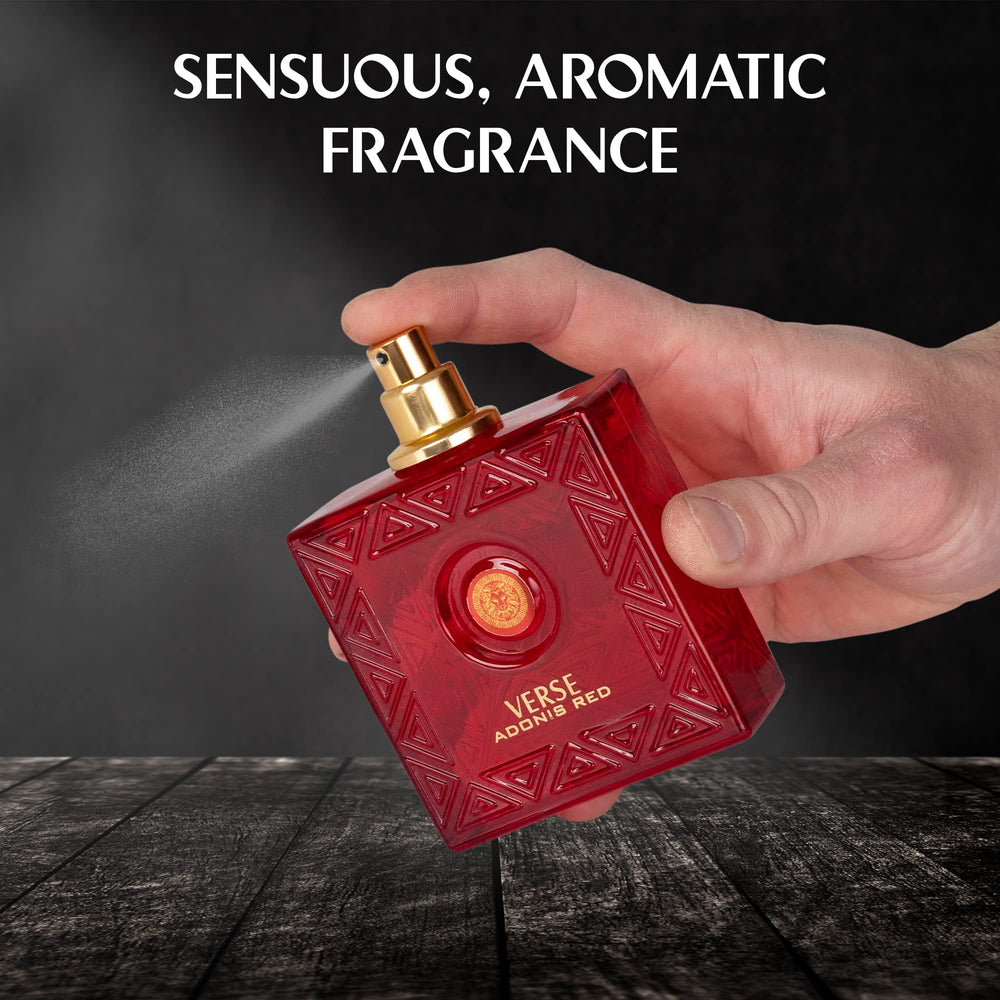NovoGlow Verse Adonis Red spray mist captures vibrant opening notes for immediate impression.