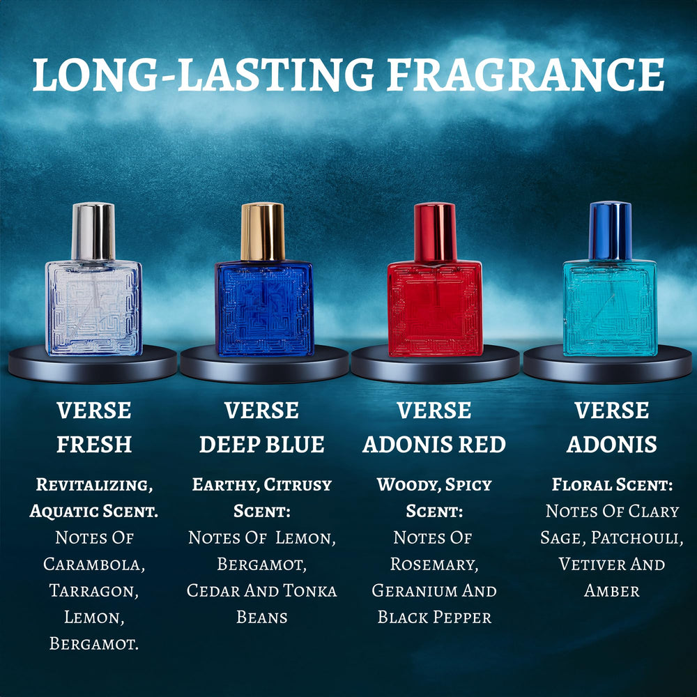 NovoGlow Verse Deep Blue bottle—sensual, woody-aromatic profile for nights out.