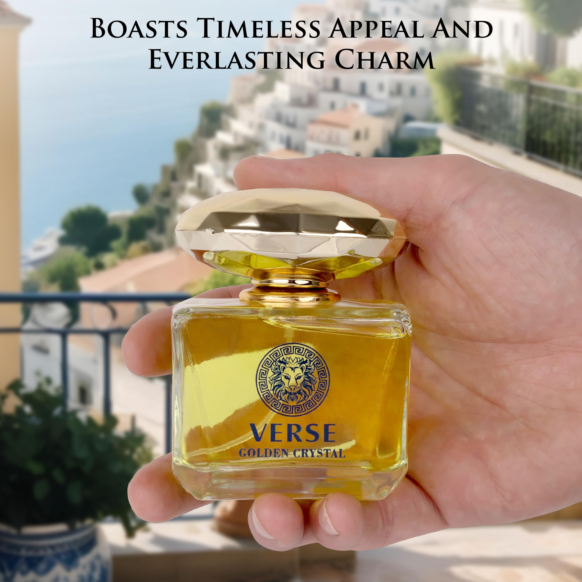 NovoGlow Verse Golden Crystal vanity display elevating daily fragrance ritual