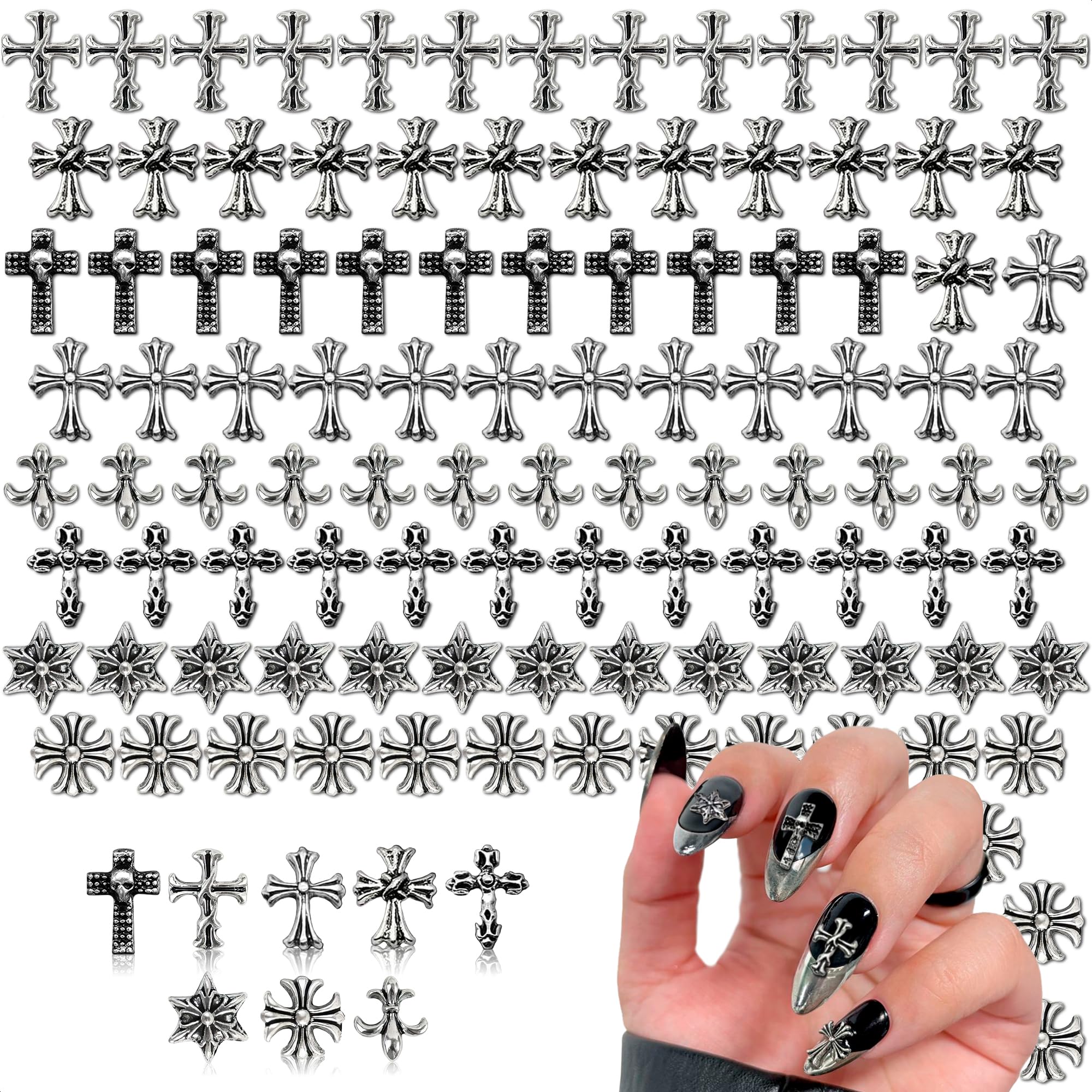 Novsix 120pc silver cross nail charms showcase chrome cross designs for chic daily nails