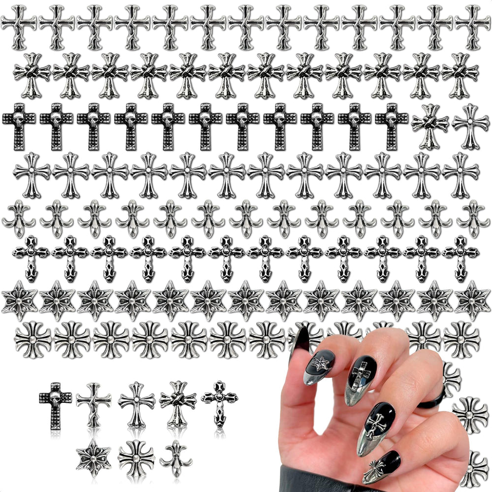 Novsix 120pc silver cross nail charms showcase chrome cross designs for chic daily nails