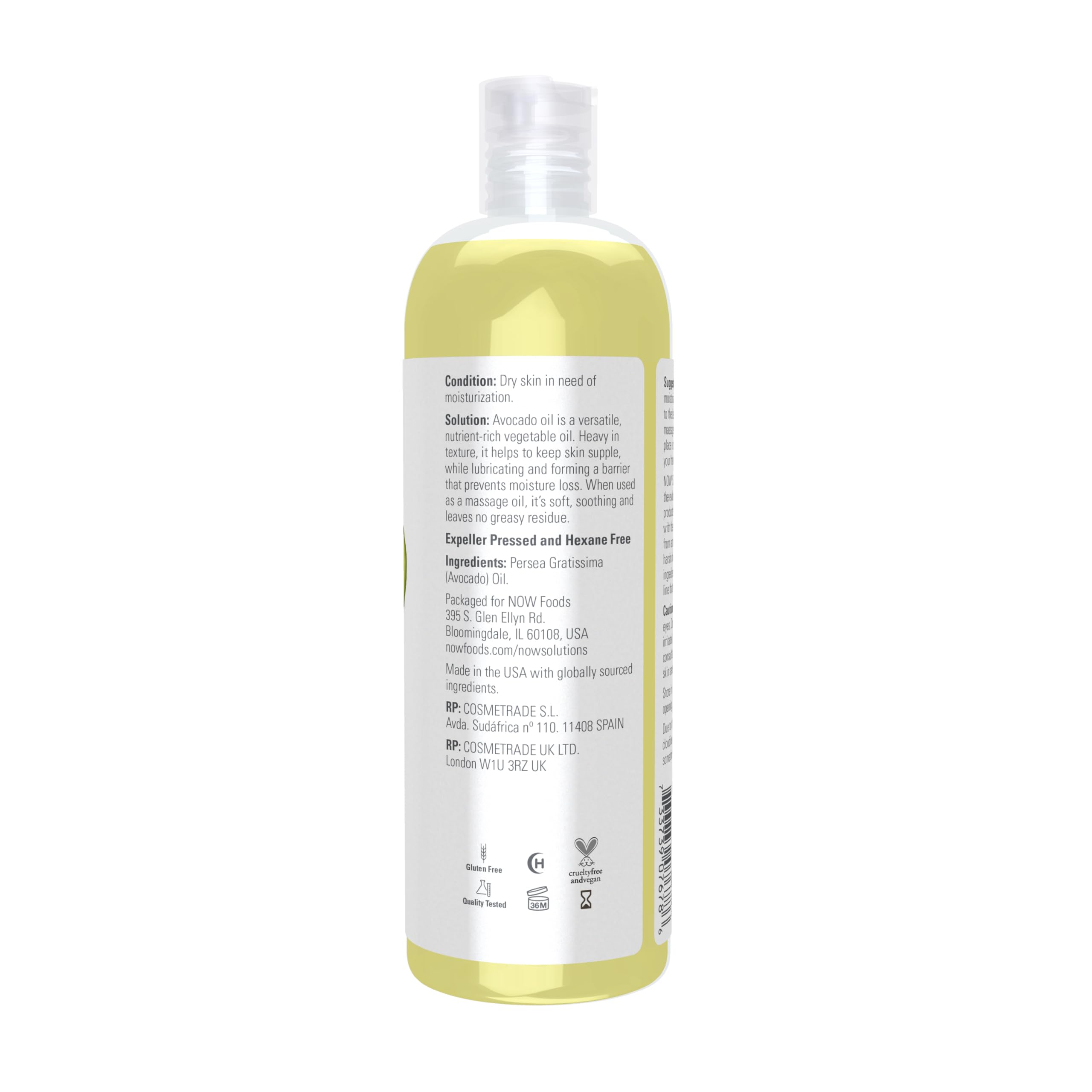 NOW Avocado Oil, textura densa para hidratación profunda de la piel