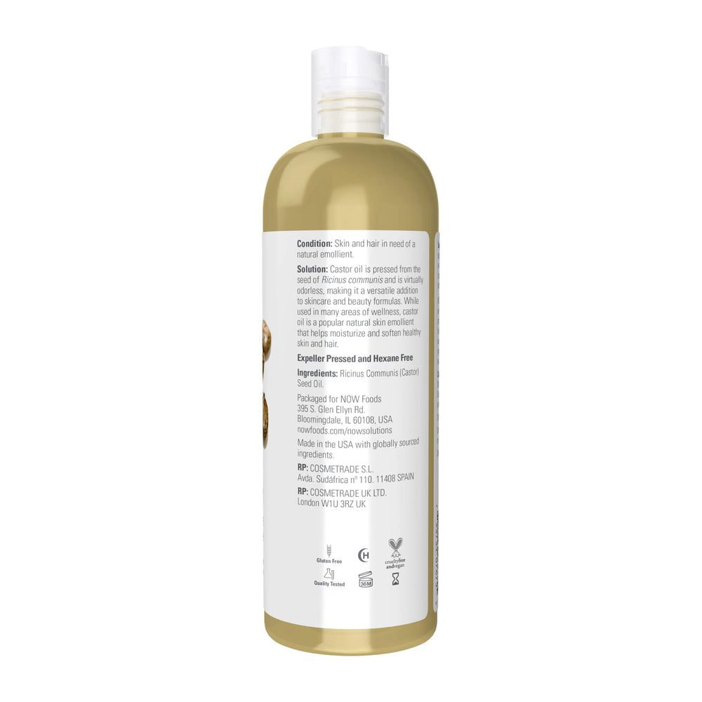 NOW Foods Castor Oil pour shows virtually odorless emollient for DIY skincare