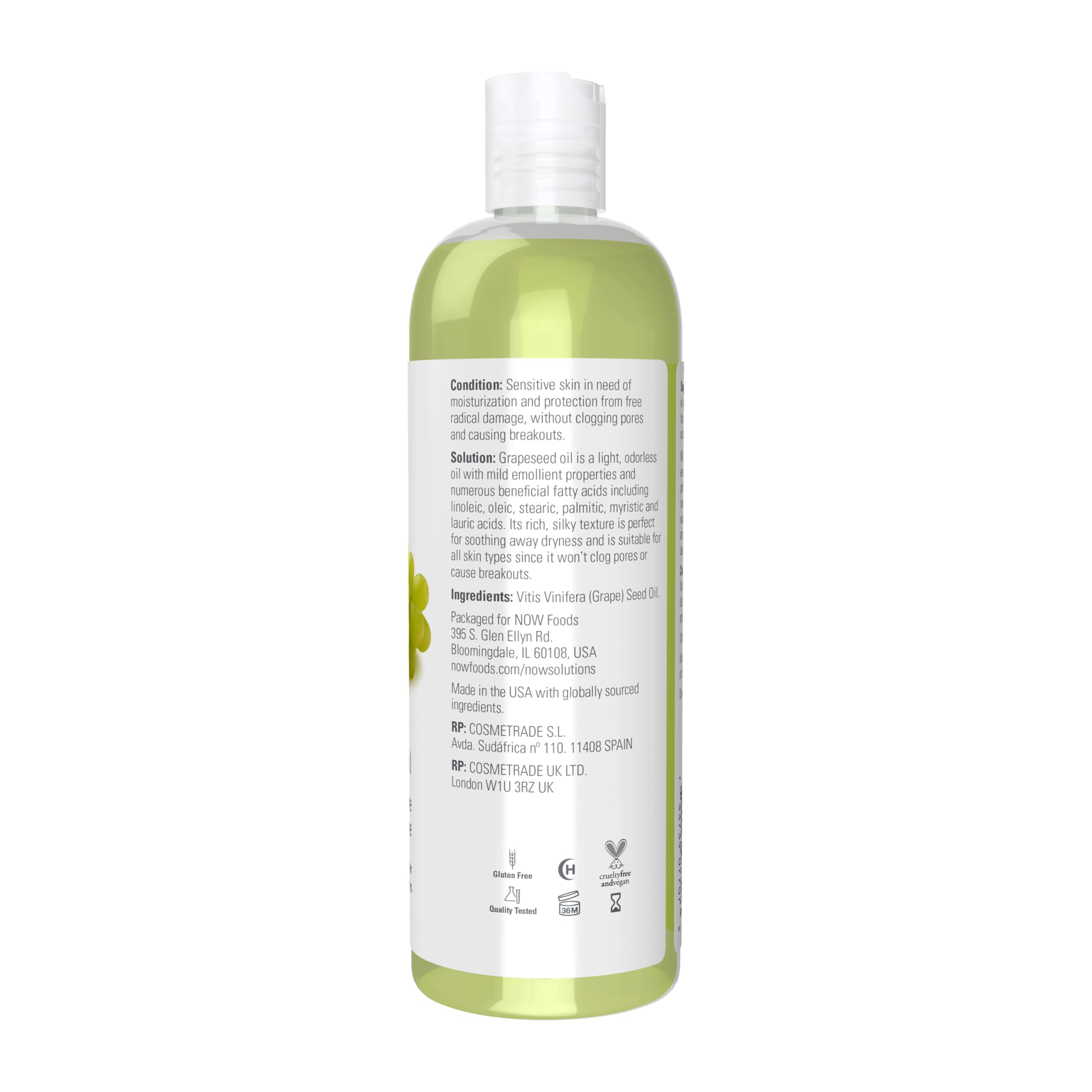 NOW Grapeseed Oil texture closeup highlights silky, fast-absorbing care.