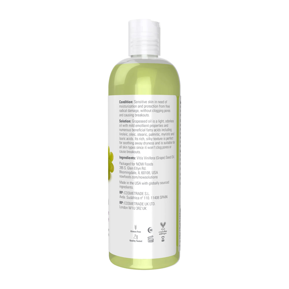 NOW Grapeseed Oil texture closeup highlights silky, fast-absorbing care.