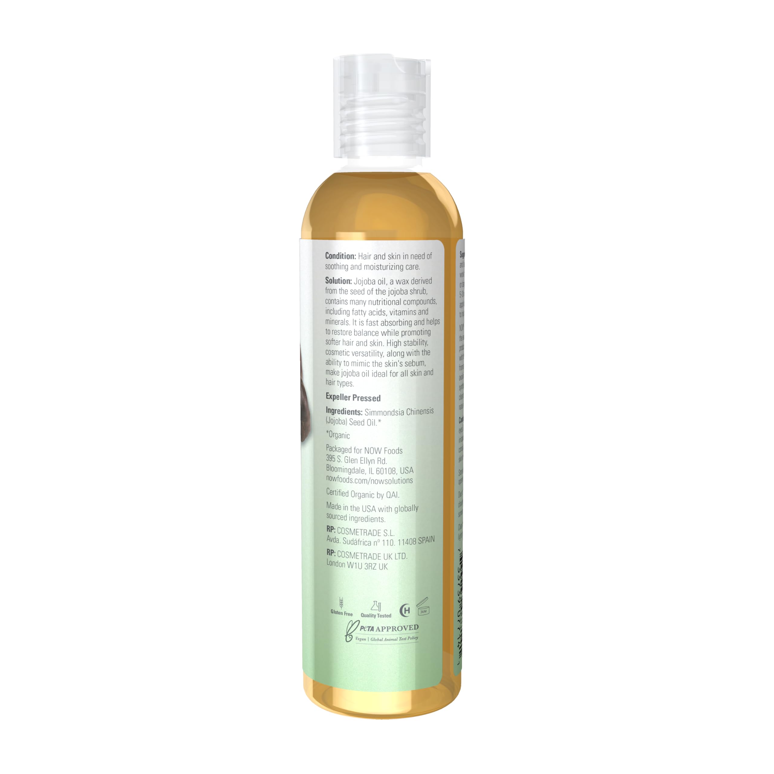 NOW Foods Jojoba: aplicación en la palma para piel húmeda y suave.
