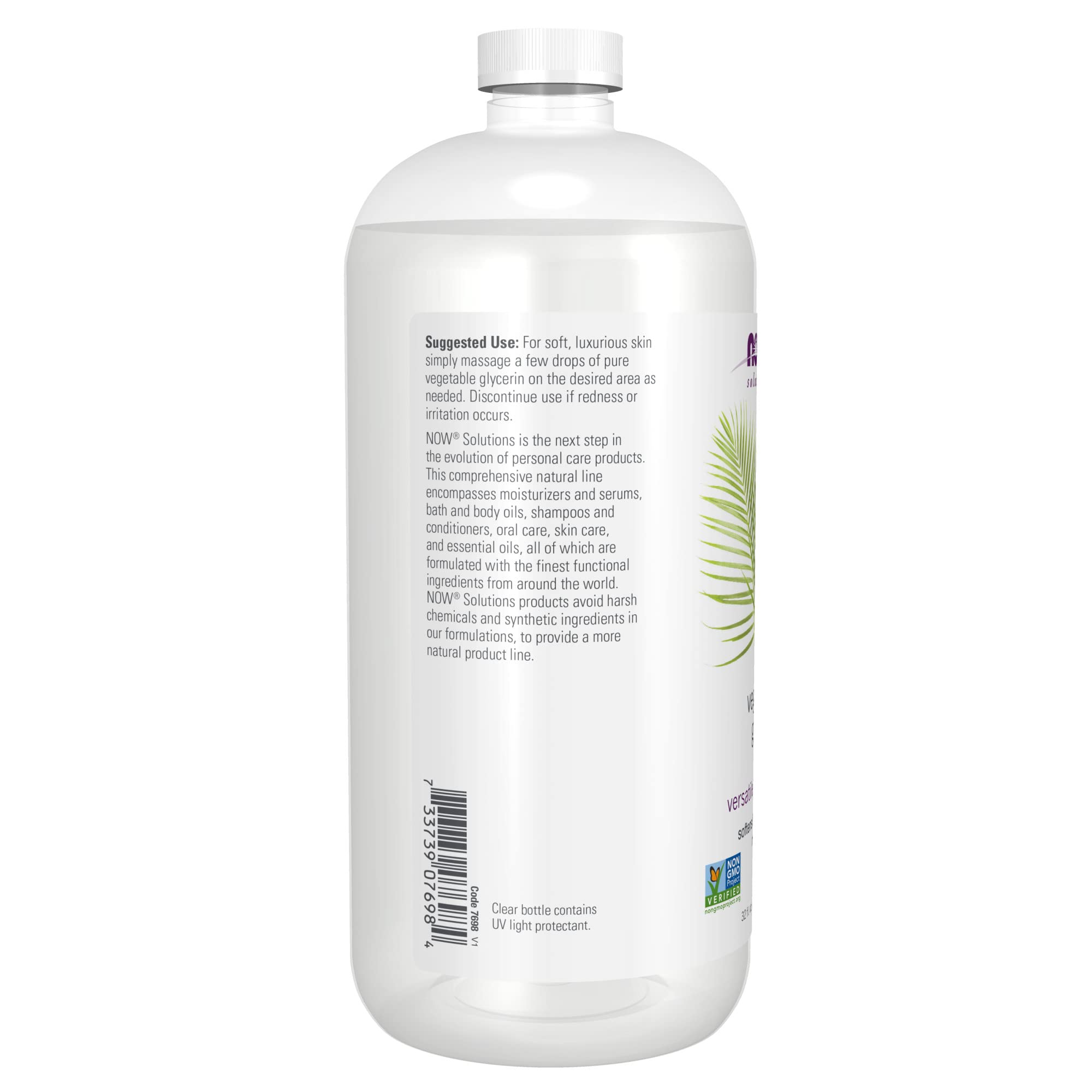 NOW Foods Solutions Glicerina Vegetal, etiqueta clara, presenta ingredientes simples para cuidado diario.
