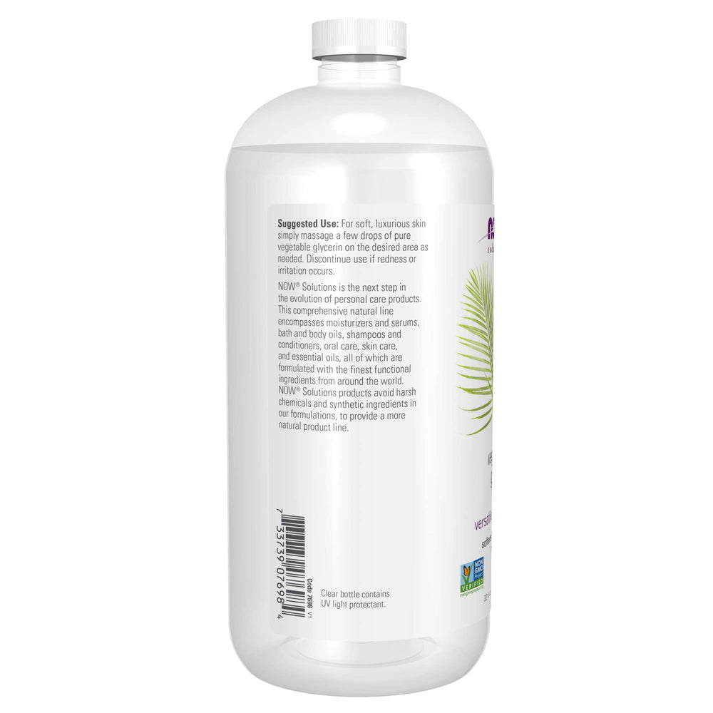 NOW Foods Solutions Glicerina Vegetal, etiqueta clara, presenta ingredientes simples para cuidado diario.
