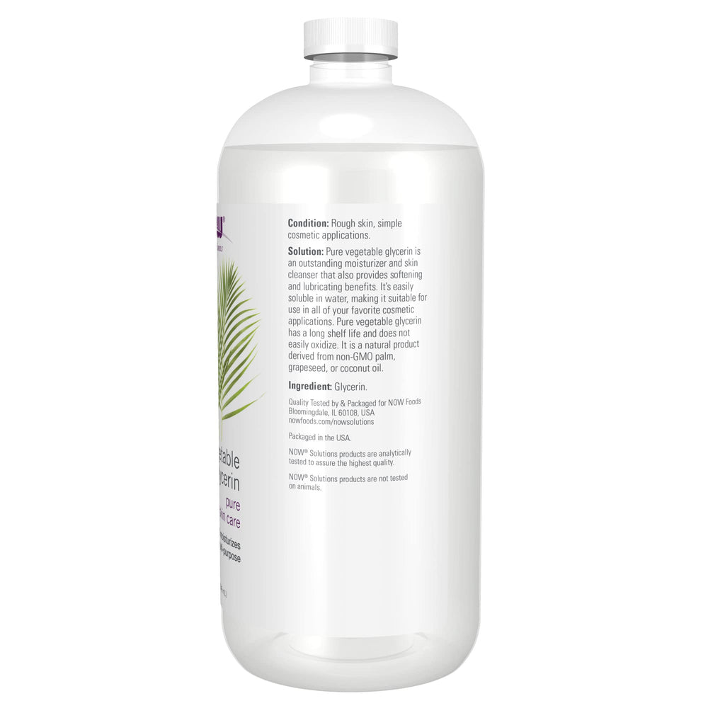 NOW Foods Solutions Glicerina Vegetal, textura suave para humectar piel seca.