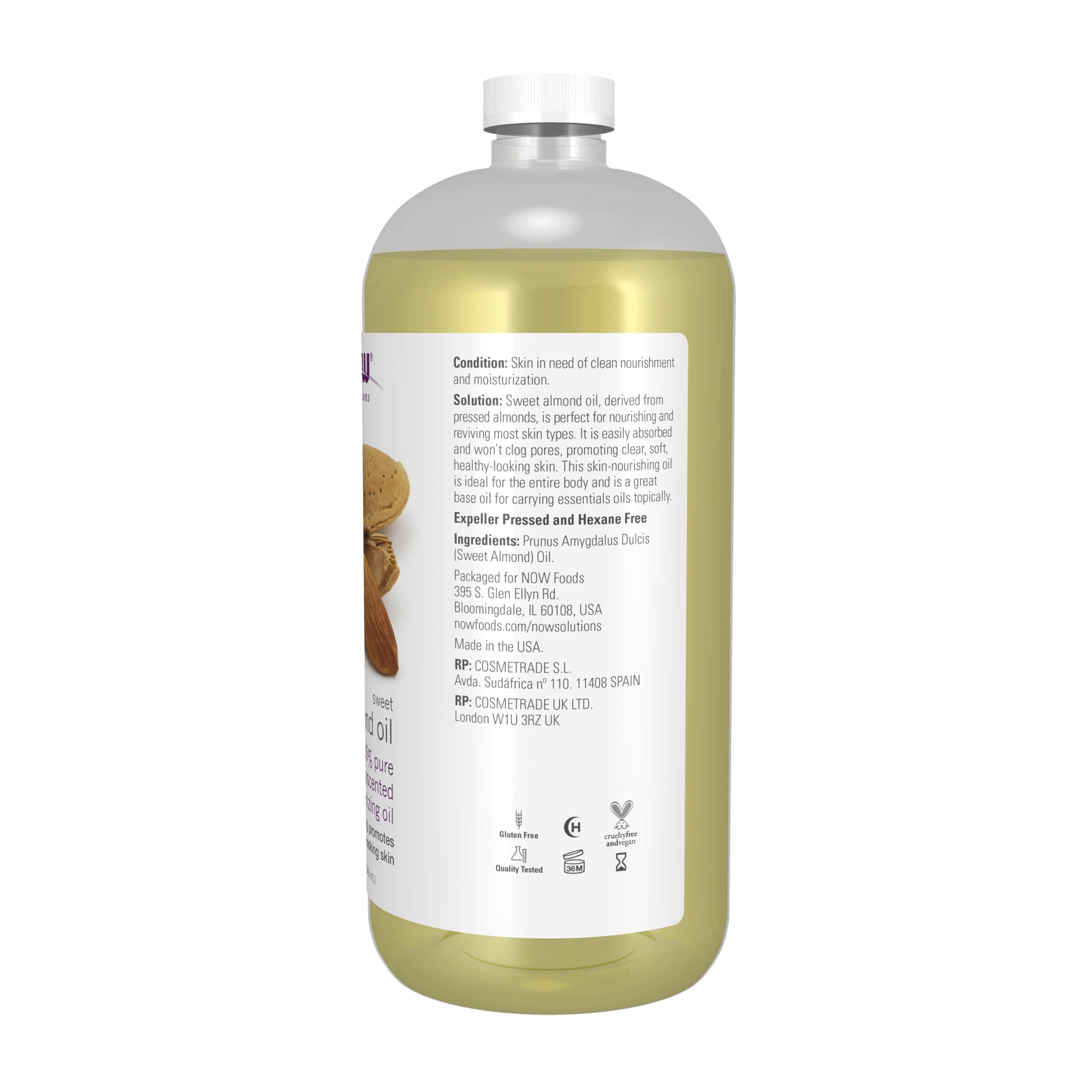NOW Foods Sweet Almond Oil label close-up highlighting purity and unscented formula
