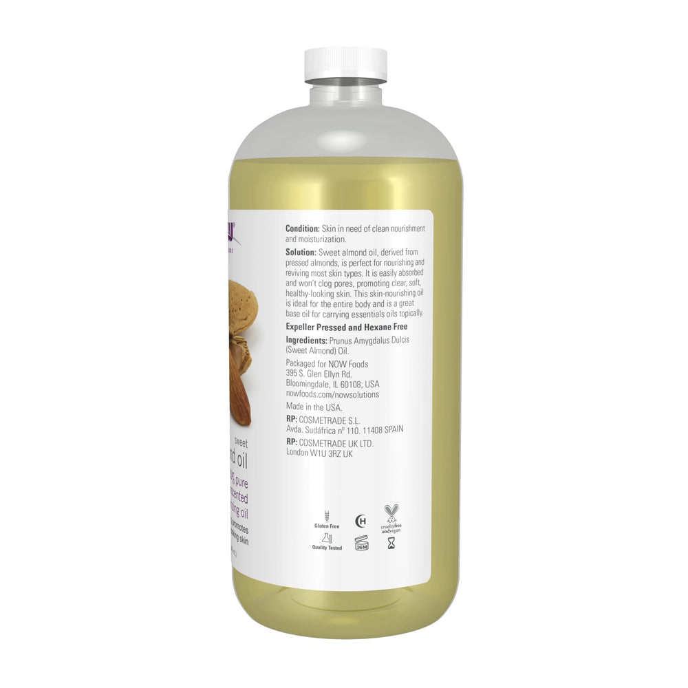 NOW Foods Sweet Almond Oil label close-up highlighting purity and unscented formula
