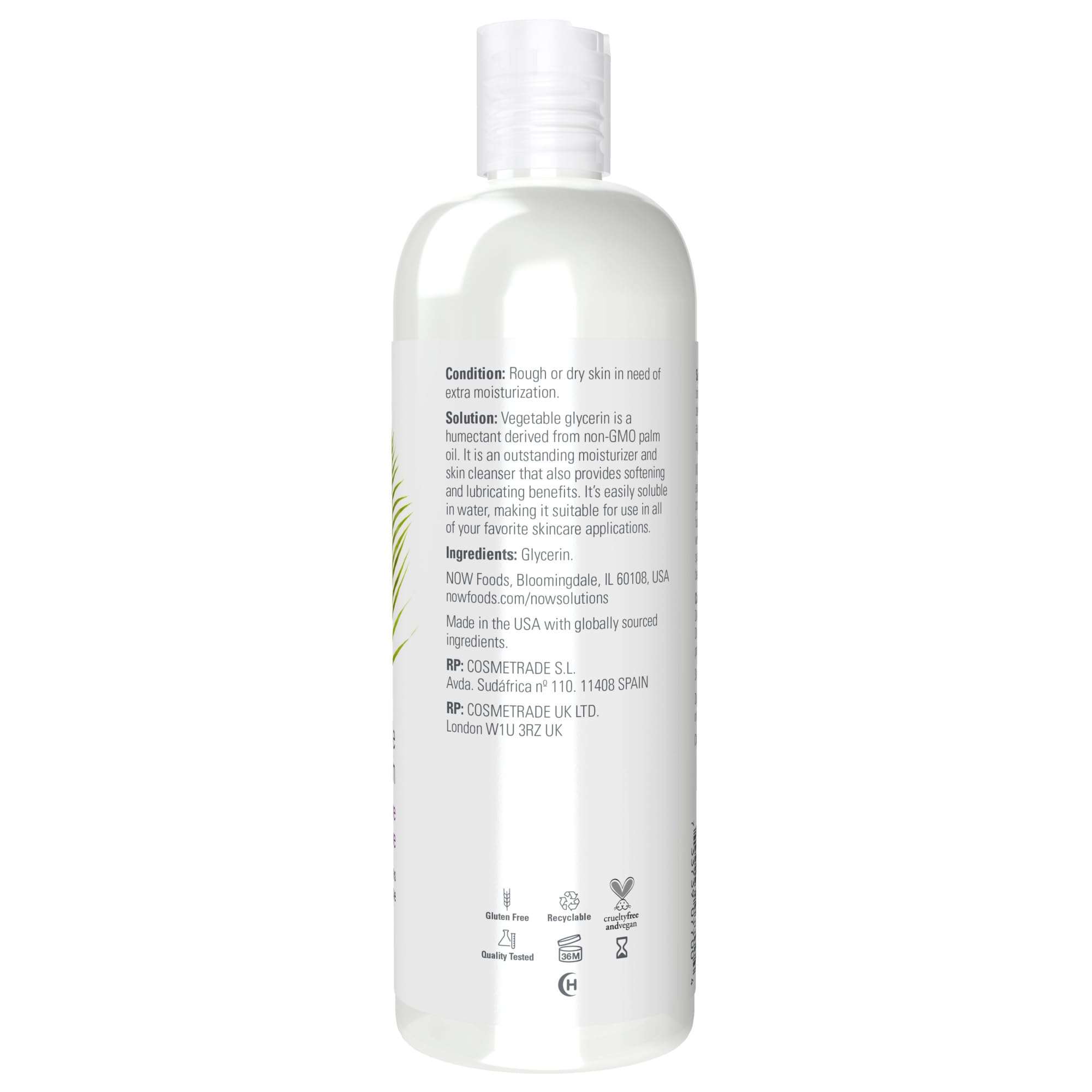 NOW Foods Vegetable Glycerin label closeup highlighting pure single-ingredient formula