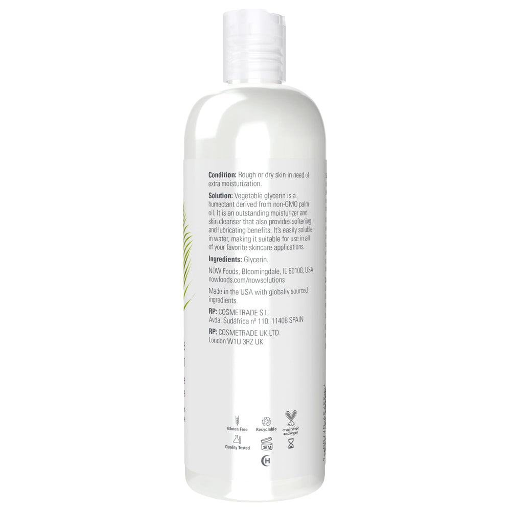 NOW Foods Vegetable Glycerin label closeup highlighting pure single-ingredient formula