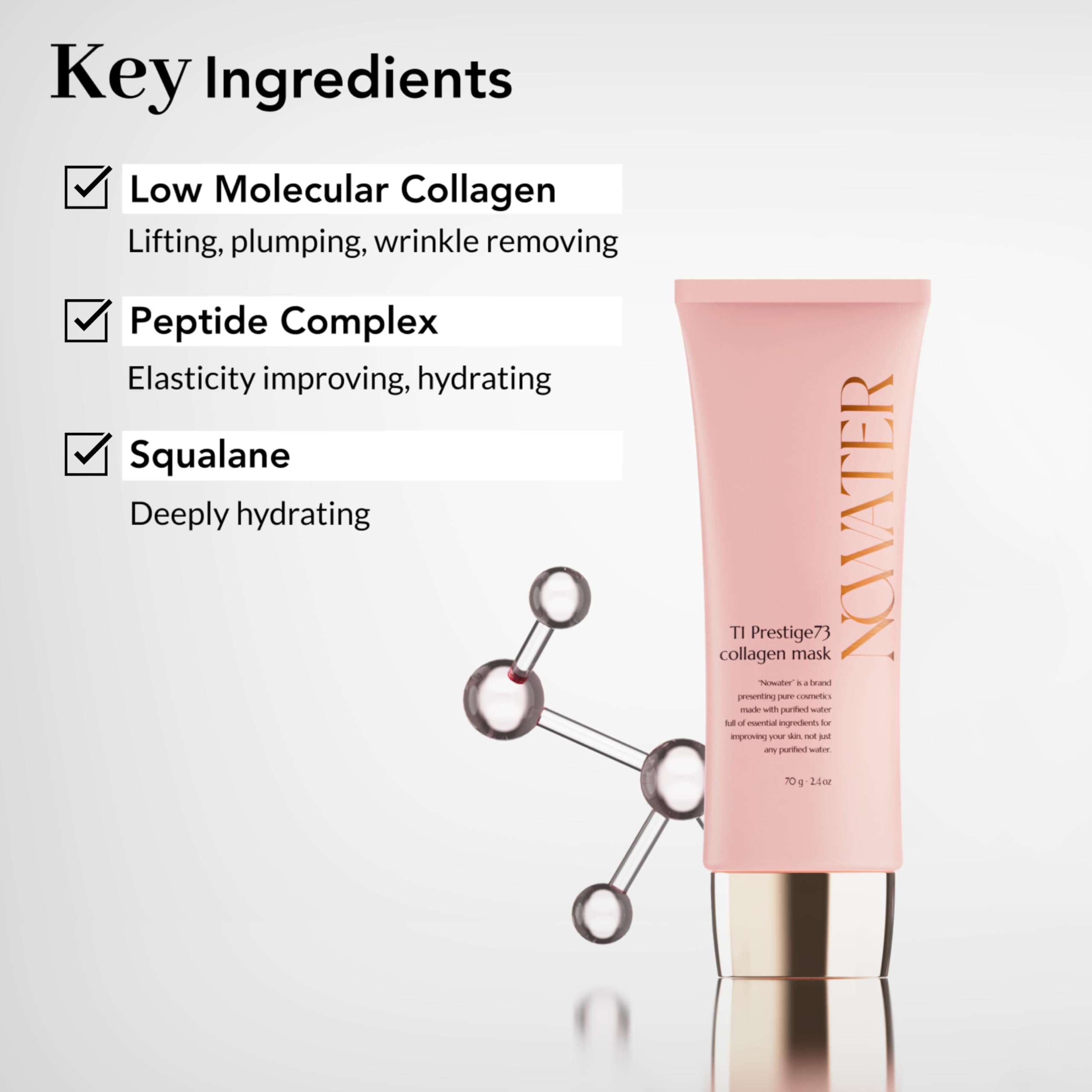 NOWATER Mascara con peptidos: cuidado facial y elasticidad fortalecida.