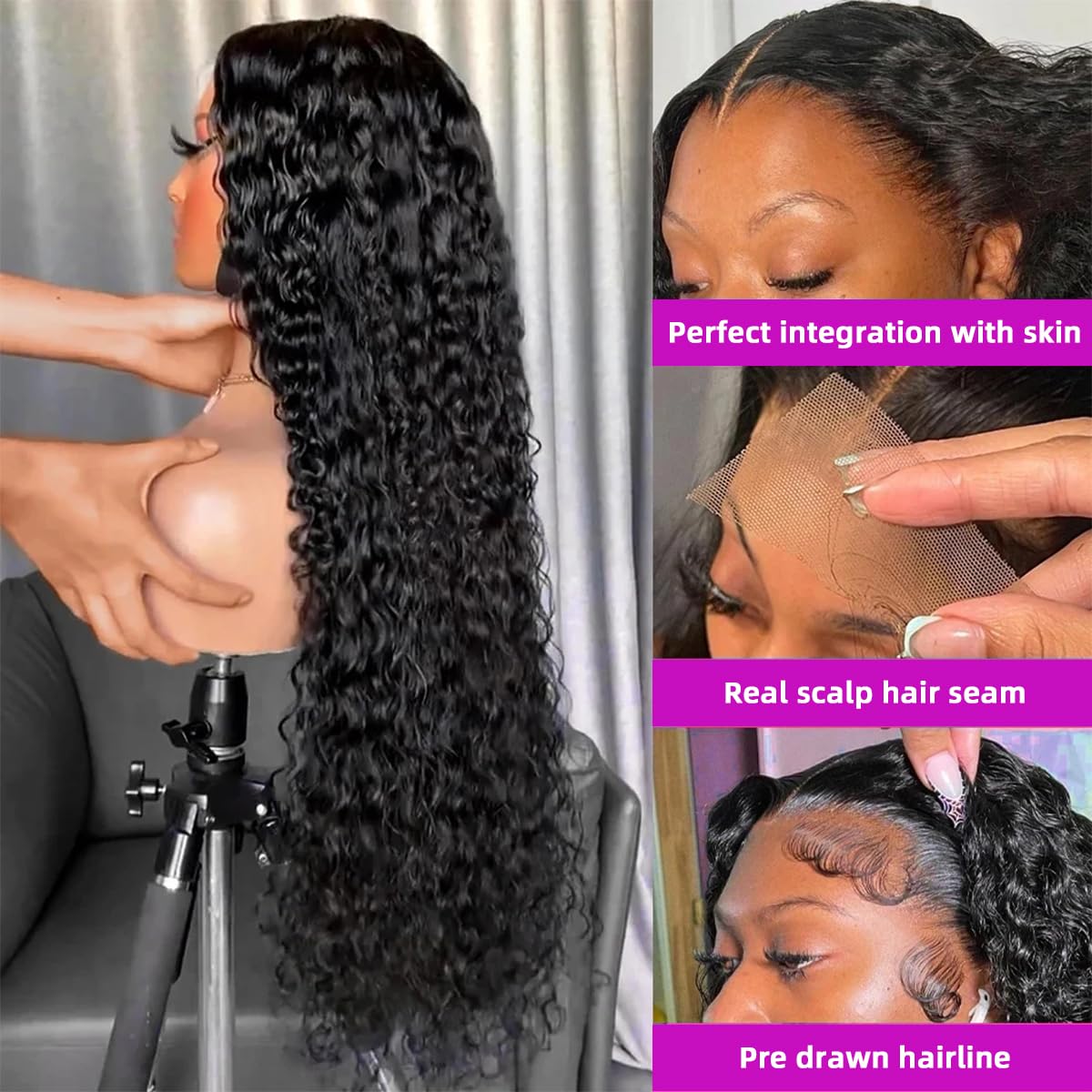 Noxlouis deep wave lace front wig closeup texture shows silky, real-hair feel.