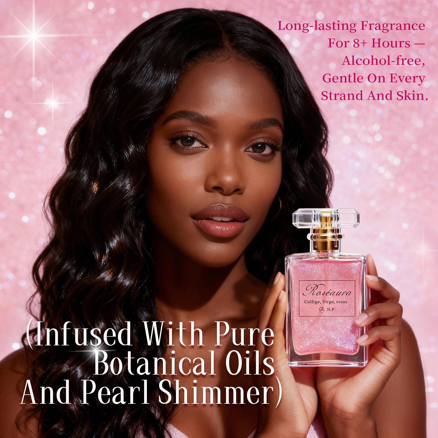 Glossy finish achieved with NP NATURES PHILOSOPHY fragrance spray on hair.