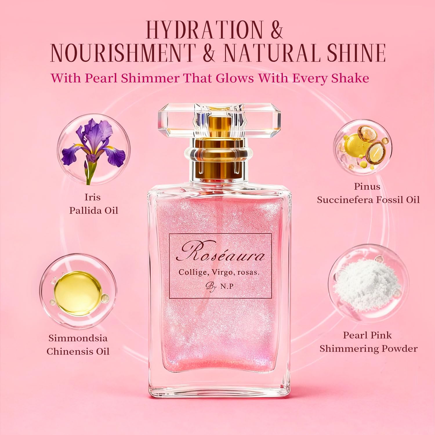 Glossier finish from NP NATURES PHILOSOPHY hair perfume oil on strands.