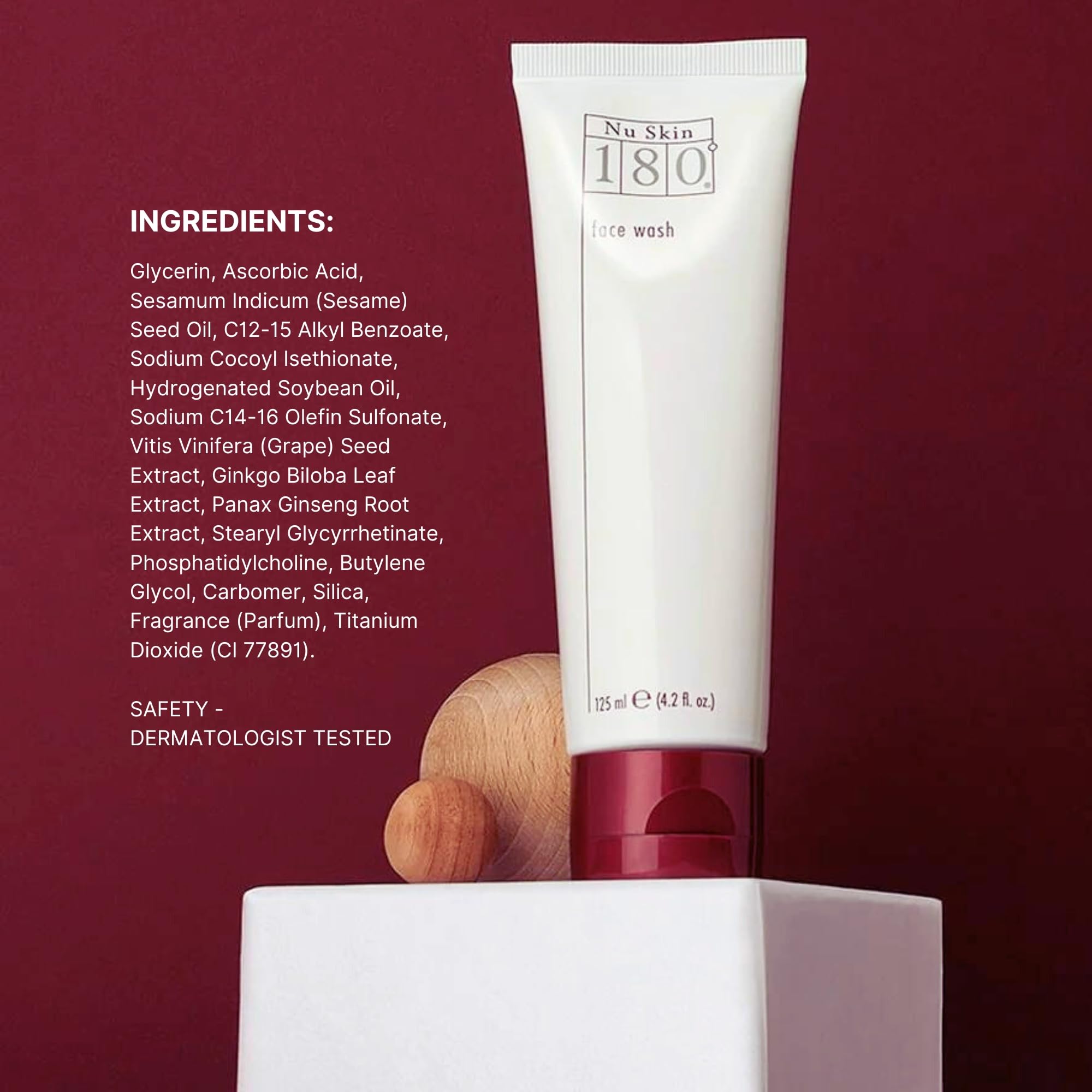 Nu Skin 180° Face Wash with grapeseed extract signals antioxidant-rich formula