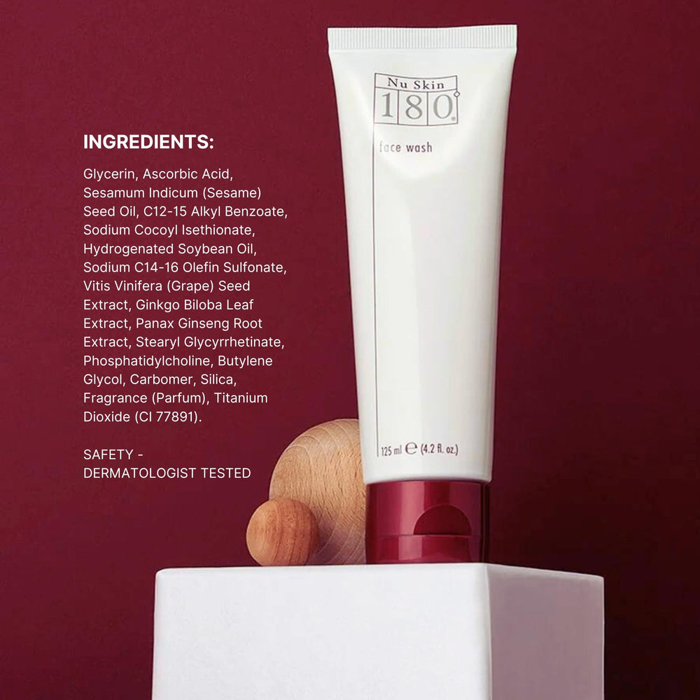 Nu Skin 180° Face Wash with grapeseed extract signals antioxidant-rich formula