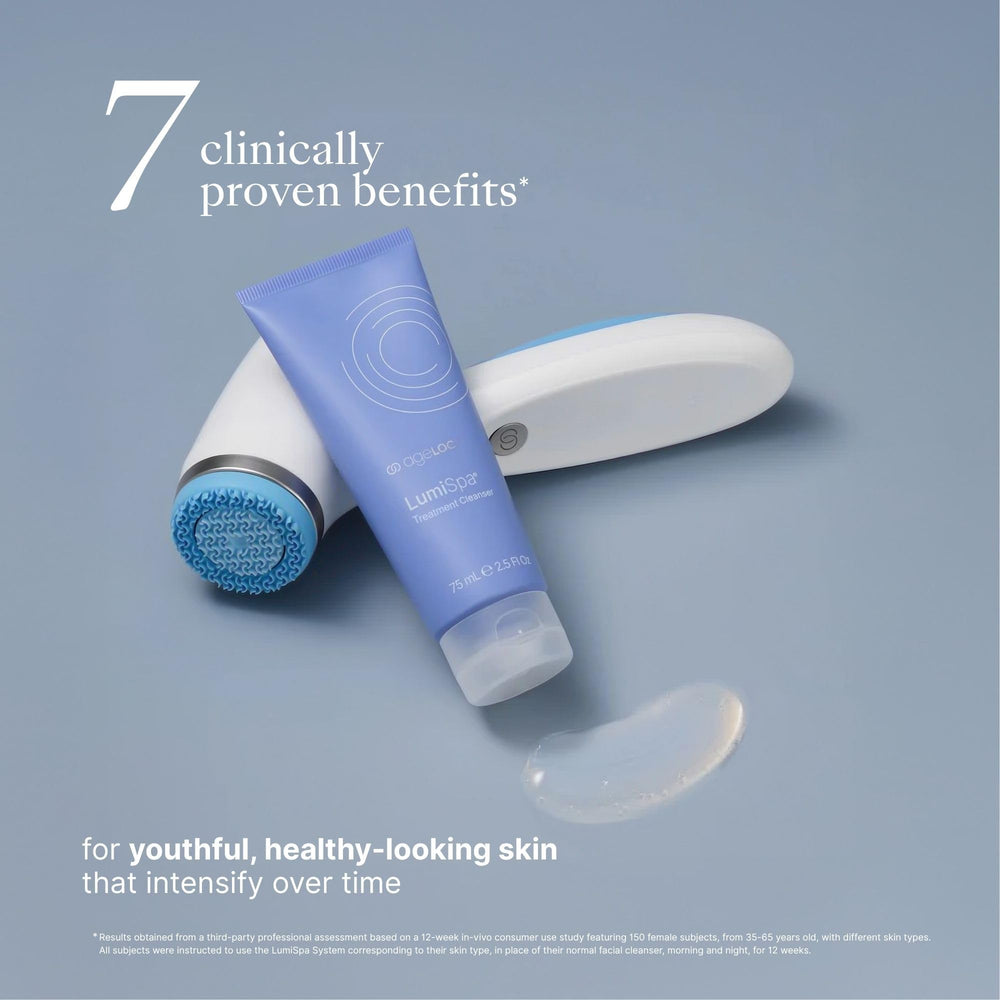 Nu Skin ageLOC LumiSpa cleanser label detail highlights ingredients for skin support.