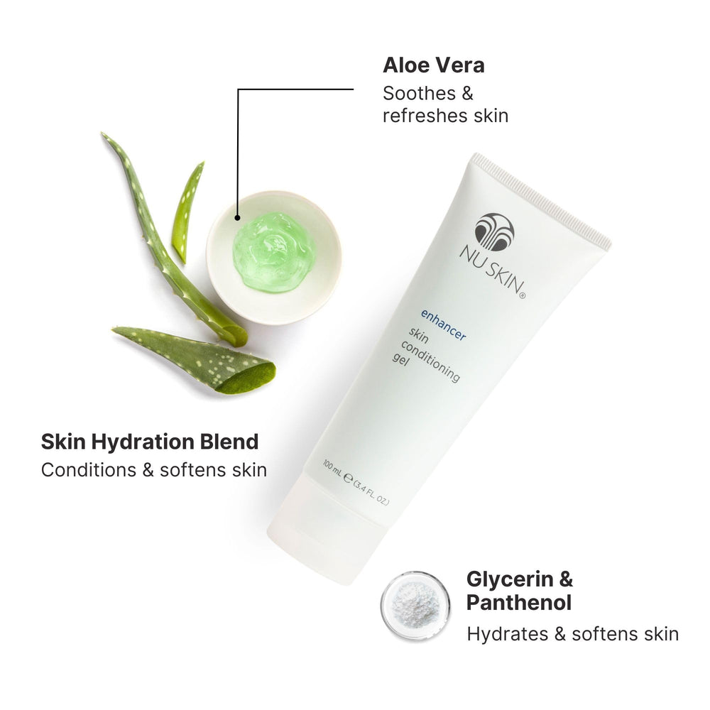 Nu Skin Enhancer Gel aloe leaf detail signals soothing hydration.