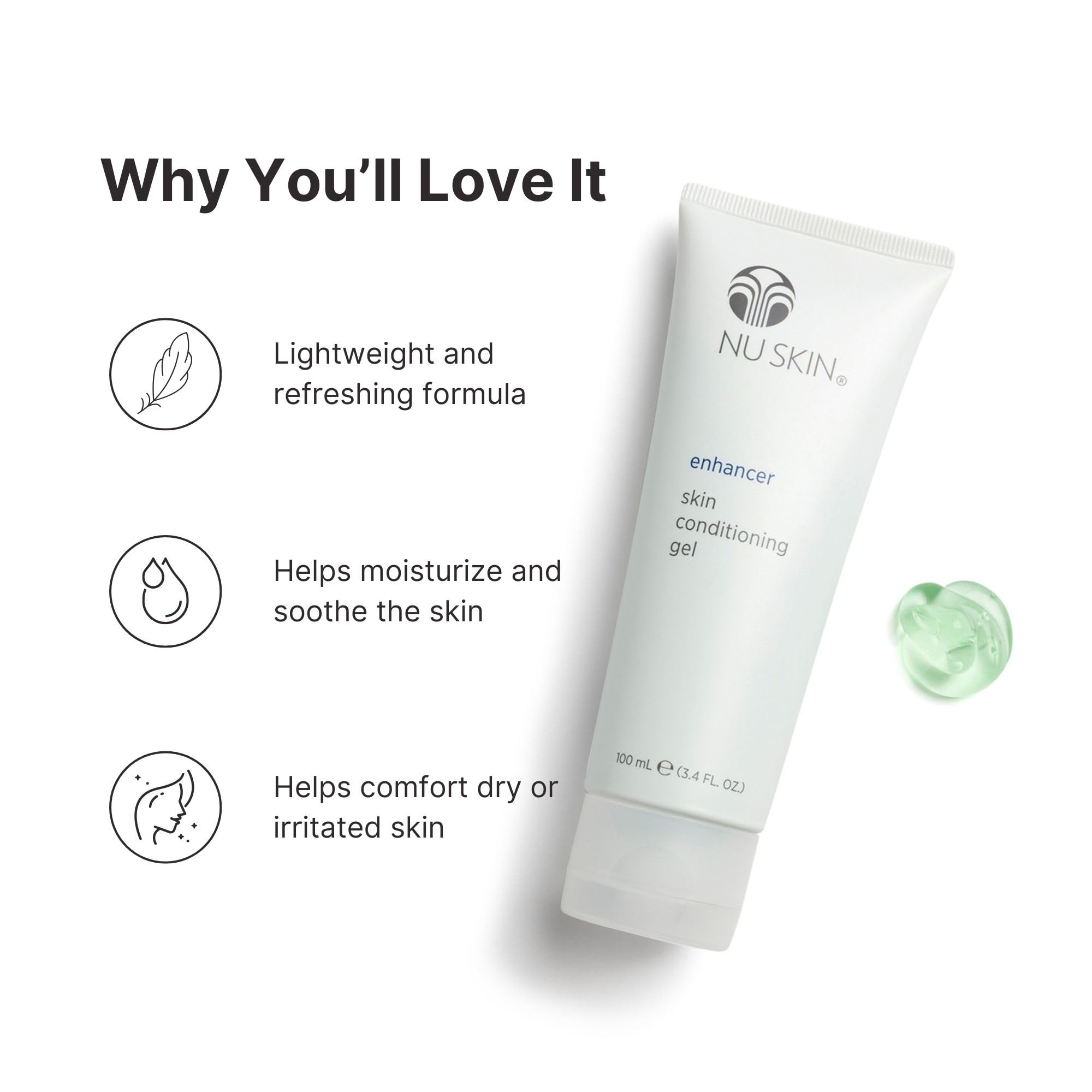 Nu Skin Enhancer Gel packaging closeup highlights clean aloe formula.