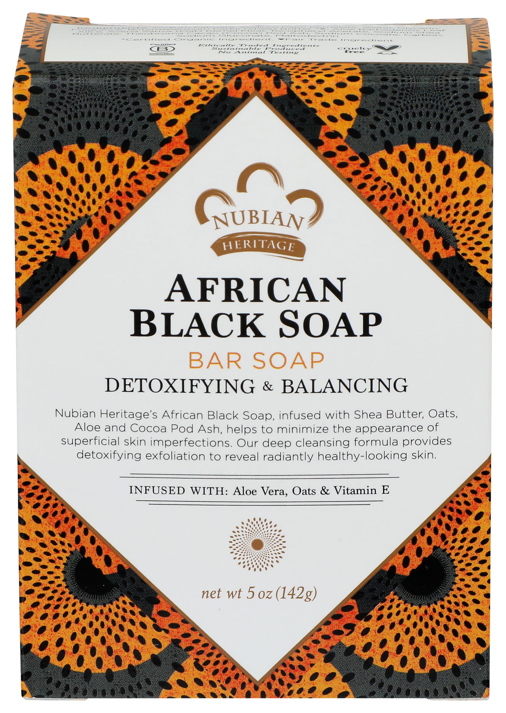 Nubian Heritage African Black Soap Bar packaging highlights premium ingredients.