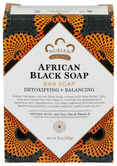 Nubian Heritage African Black Soap Bar packaging highlights premium ingredients.