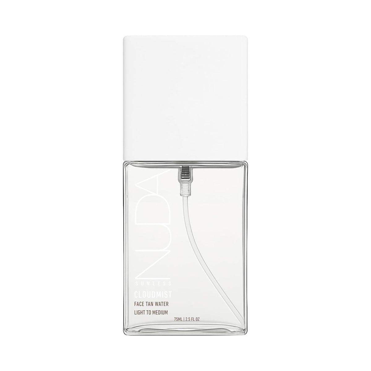 Nuda CloudMist bottle close-up, bronzer-free buildable self-tanner for light to medium skin.